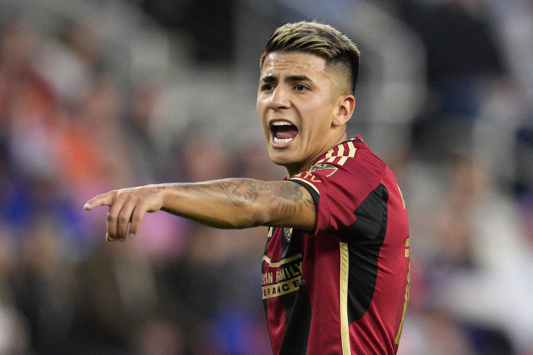 CINCINNATI, OHIO - OCTOBER 21: Thiago Almada #10 of Atlanta United gestures during the first half of a MLS soccer match against FC Cincinnati at TQL Stadium on October 21, 2023 in Cincinnati, Ohio. (Photo by Jeff Dean/Getty Images)