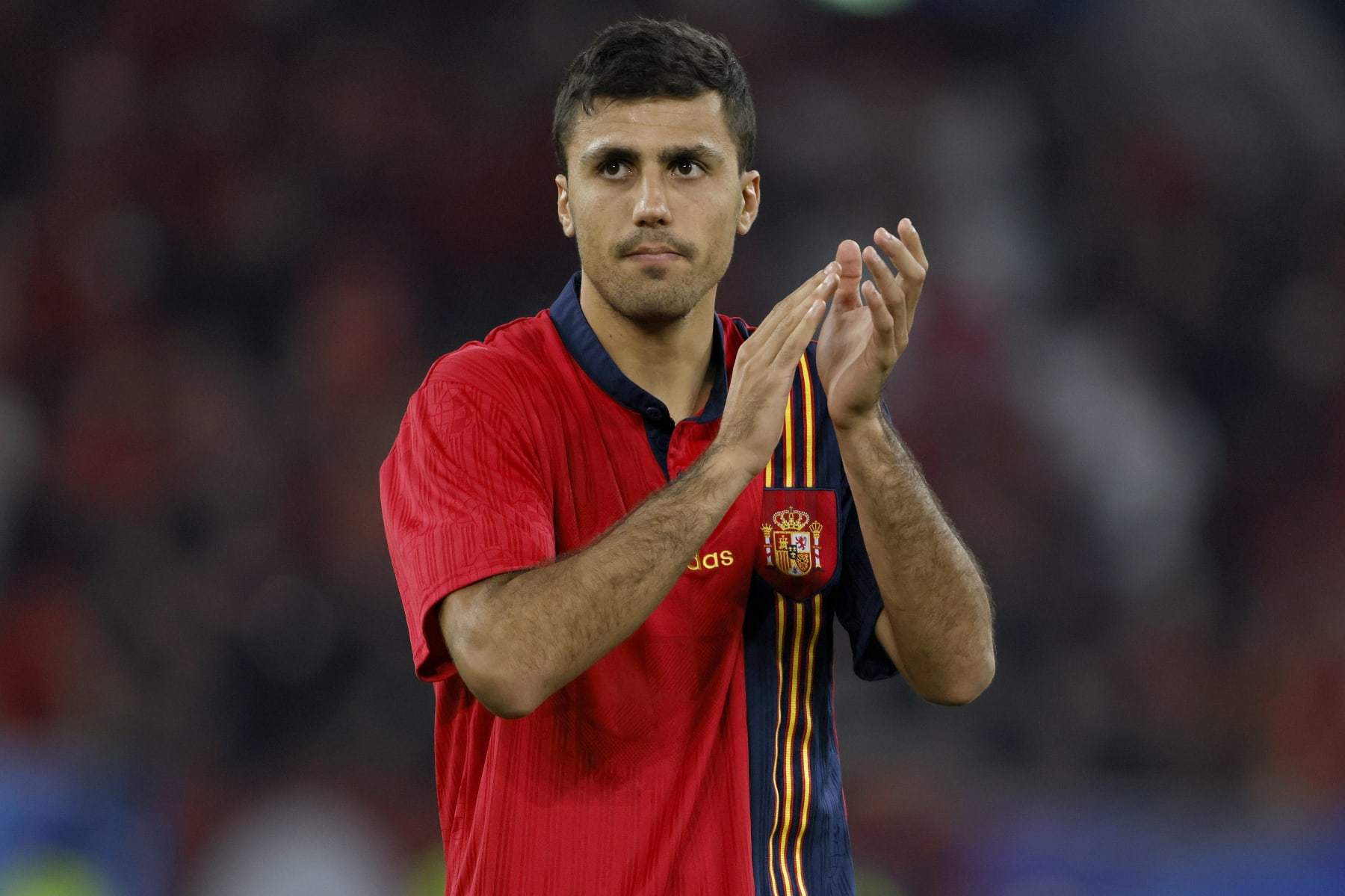DUSSELDORF, GERMANY - JUNE 24: Rodri of Spain applauds the fans after the UEFA EURO 2024 group stage match between Albania and Spain at Düsseldorf Arena on June 24, 2024 in Dusseldorf, Germany. (Photo by Richard Sellers/Sportsphoto/Allstar via Getty Images)