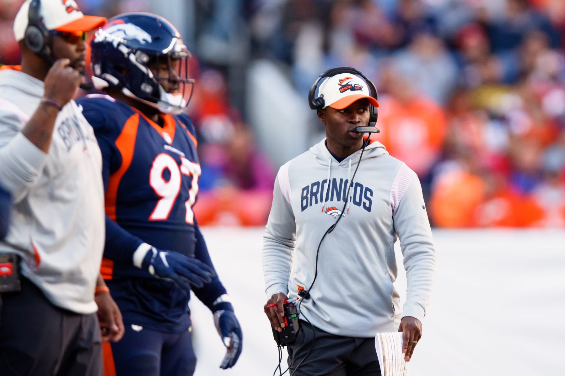 DENVER, CO - DECEMBER 11: Defensive Coordinator Ejiro Evero of the Denver Broncos calls in a play against the Kansas City Chiefs in the first half at Empower Field at Mile High on December 11, 2022 in Denver, Colorado. (Photo by Justin Edmonds/Getty Images) DENVER, CO - DECEMBER 11: Defensive Coordinator Ejiro Evero of the Denver Broncos calls in a play against the Kansas City Chiefs in the first half at Empower Field at Mile High on December 11, 2022 in Denver, Colorado. (Photo by Justin Edmonds/Getty Images)