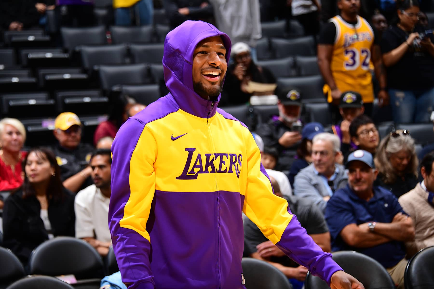 LOS ANGELES, CA - OCTOBER 25: Bronny James #9 of the Los Angeles Lakers smiles before the game against the Phoenix Suns on October 25, 2024 at Crypto.Com Arena in Los Angeles, California. NOTE TO USER: User expressly acknowledges and agrees that, by downloading and/or using this Photograph, user is consenting to the terms and conditions of the Getty Images License Agreement. Mandatory Copyright Notice: Copyright 2024 NBAE (Photo by Adam Pantozzi/NBAE via Getty Images)