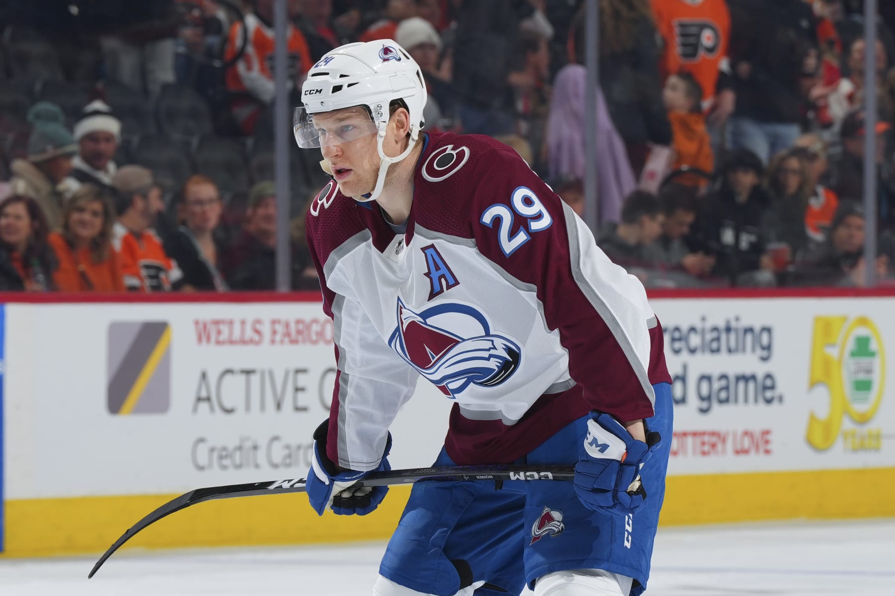 PHILADELPHIA, PA - DECEMBER 05: Nathan MacKinnon #29 of the Colorado Avalanche looks on against the Philadelphia Flyers in the first period at the Wells Fargo Center on December 5, 2022 in Philadelphia, Pennsylvania. (Photo by Mitchell Leff/Getty Images)