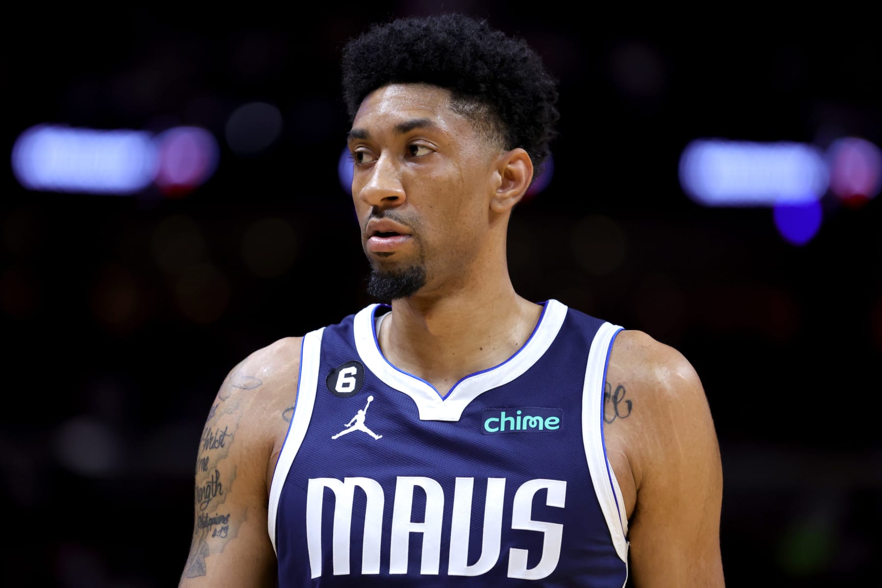 MIAMI, FLORIDA - APRIL 01: Christian Wood #35 of the Dallas Mavericks looks on during the third quarter of the game against the Miami Heat at Miami-Dade Arena on April 01, 2023 in Miami, Florida. NOTE TO USER: User expressly acknowledges and agrees that, by downloading and or using this photograph, User is consenting to the terms and conditions of the Getty Images License Agreement. (Photo by Megan Briggs/Getty Images)