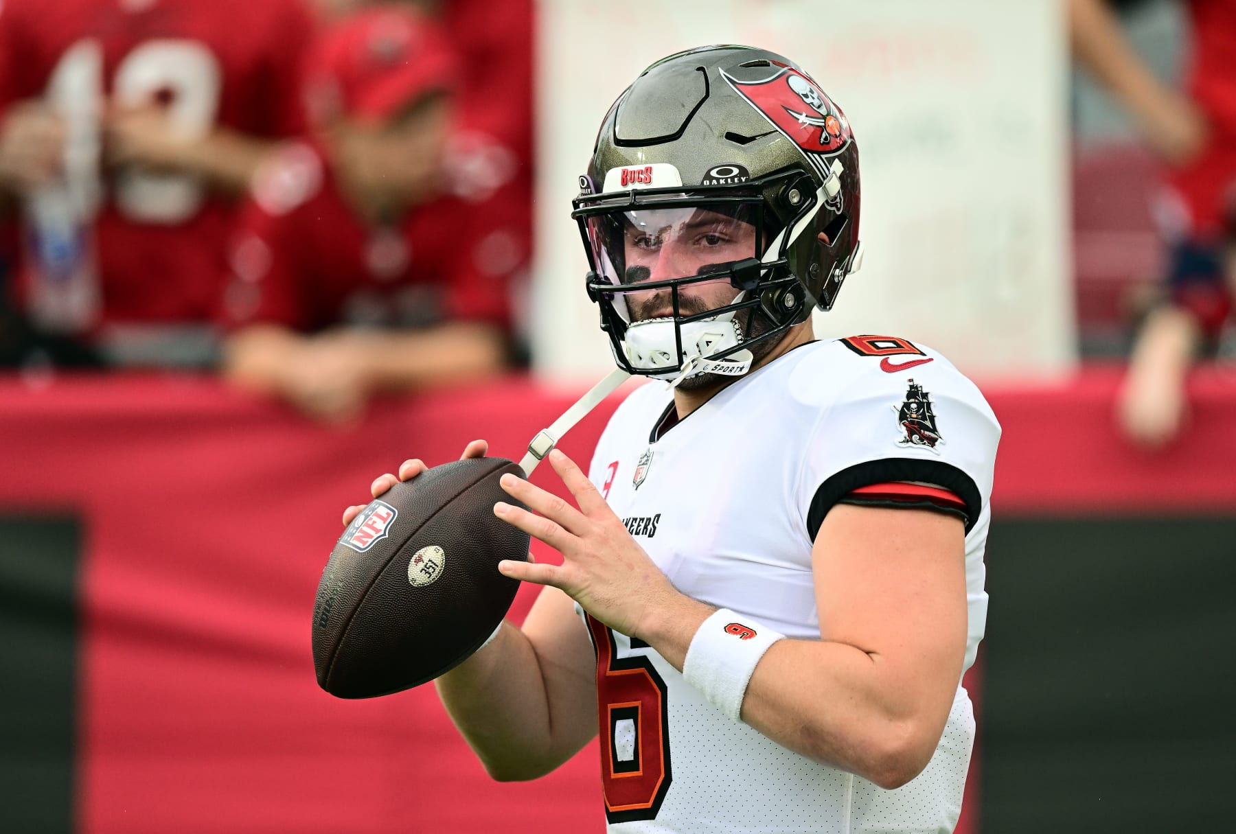 TAMPA, FLORIDA - DECEMBER 03: Baker Mayfield #6 of the Tampa Bay Buccaneers warms up prior to a game against the Carolina Panthers at Raymond James Stadium on December 03, 2023 in Tampa, Florida. (Photo by Julio Aguilar/Getty Images)