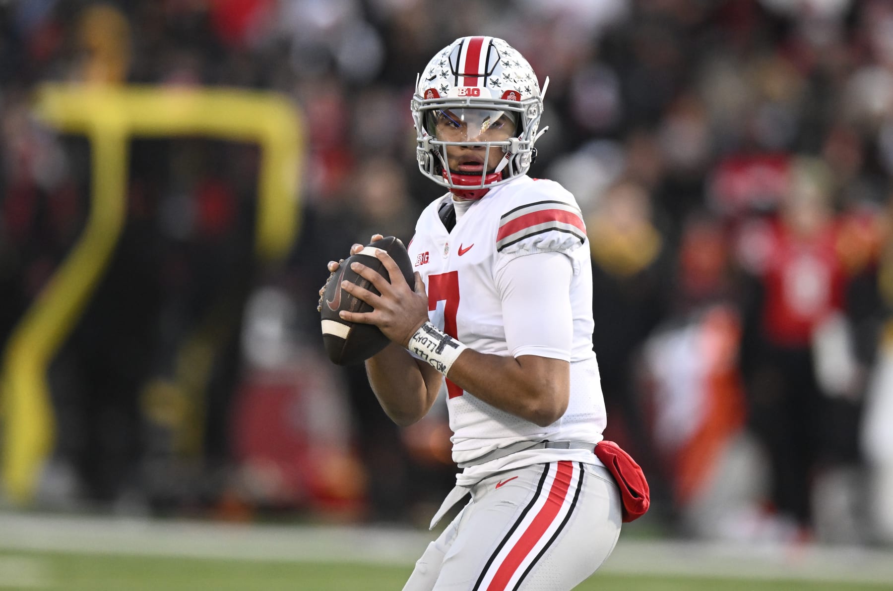 COLLEGE PARK, MARYLAND - NOVEMBER 19: C.J. Stroud #7 of the Ohio State Buckeyes drops back to pass against the Maryland Terrapins at SECU Stadium on November 19, 2022 in College Park, Maryland. (Photo by G Fiume/Getty Images)