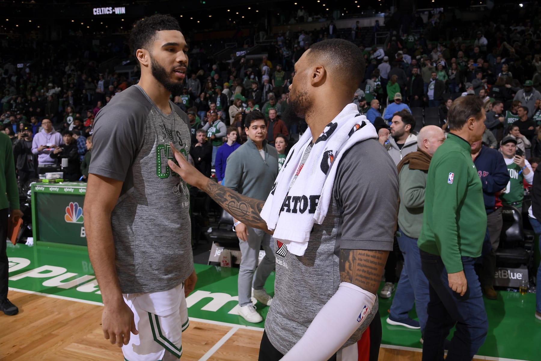 BOSTON, MA - MARCH 8: Damian Lillard #0 of the Portland Trail Blazers talks with Jayson Tatum #0 of the Boston Celtics after the game on March 8, 2023 at the TD Garden in Boston, Massachusetts. NOTE TO USER: User expressly acknowledges and agrees that, by downloading and or using this photograph, User is consenting to the terms and conditions of the Getty Images License Agreement. Mandatory Copyright Notice: Copyright 2023 NBAE  (Photo by Brian Babineau/NBAE via Getty Images)
