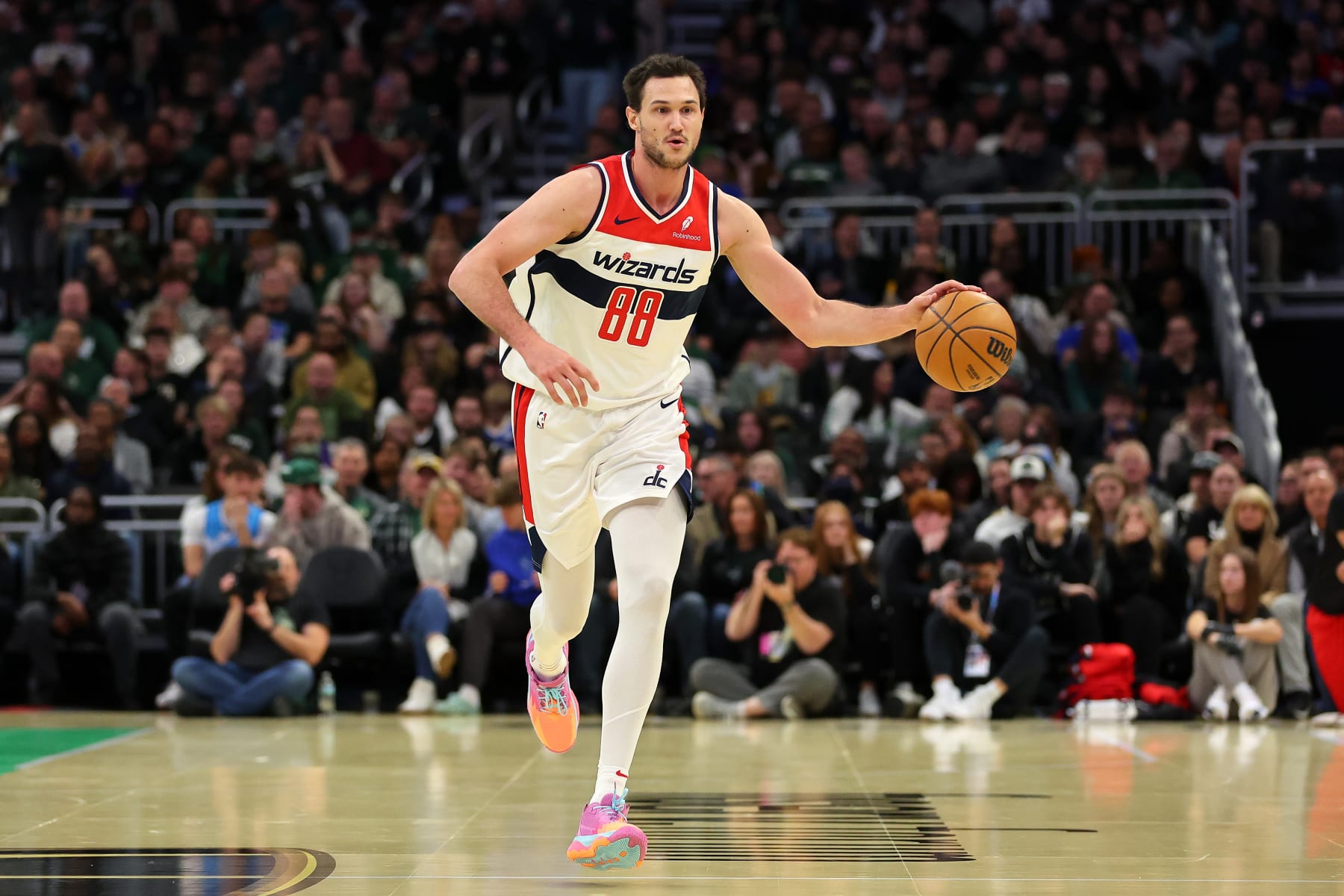 MILWAUKEE, WISCONSIN - NOVEMBER 24: Danilo Gallinari #88 of the Washington Wizards handles the ball during an In-Season Tournament game against the Milwaukee Bucks at Fiserv Forum on November 24, 2023 in Milwaukee, Wisconsin. NOTE TO USER: User expressly acknowledges and agrees that, by downloading and or using this photograph, User is consenting to the terms and conditions of the Getty Images License Agreement. (Photo by Stacy Revere/Getty Images)