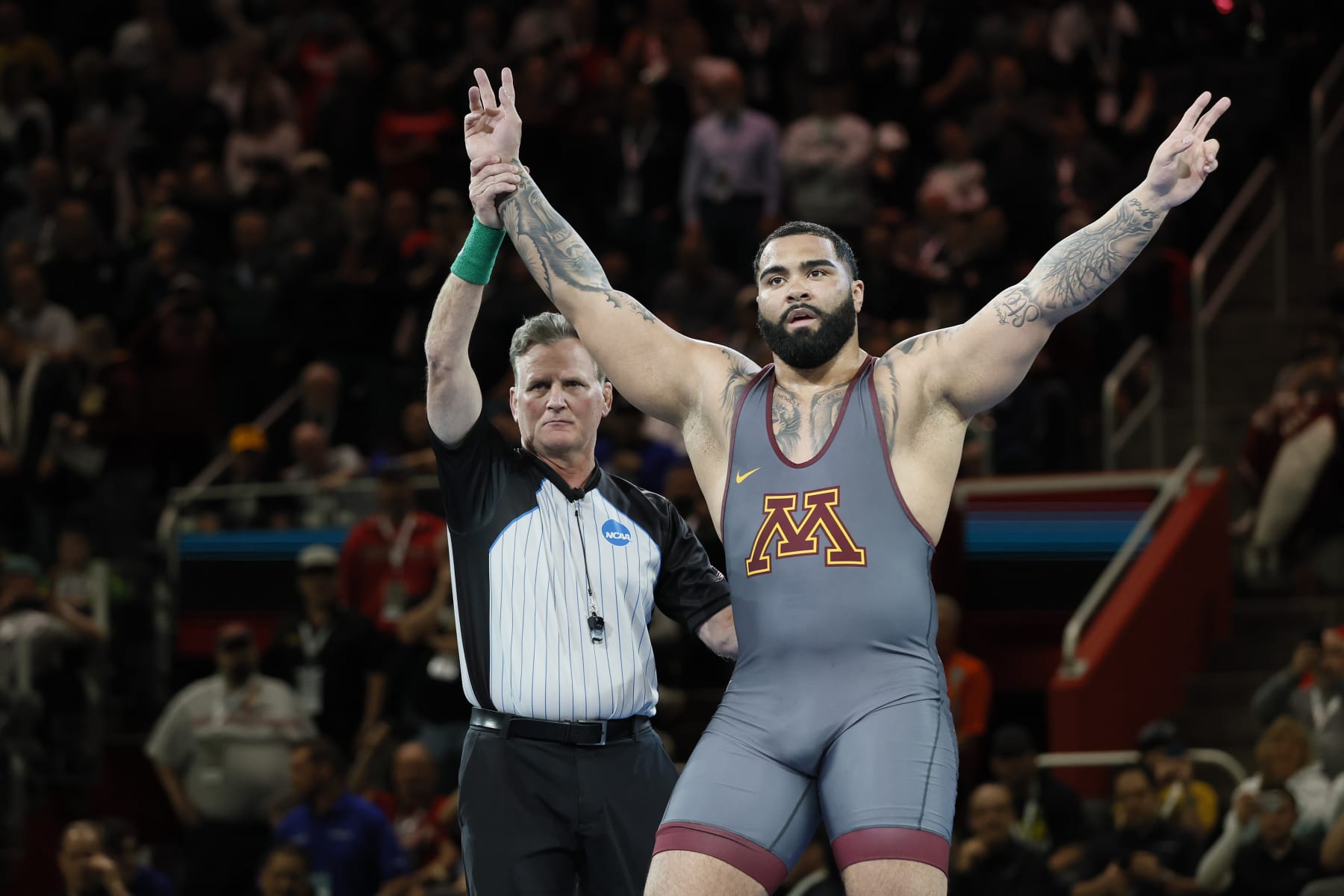 DETROIT, MI - MARCH 19: Gable Steveson of the Minnesota Golden Gophers defeats Cohlton Schultz of the Arizona State Sun Devils in the 285-pound final match during the Division I Men's Wrestling Championship held at Little Caesars Arena on March 19, 2022 in Detroit, Michigan. (Photo by Jay LaPrete/NCAA Photos/NCAA Photos via Getty Images)