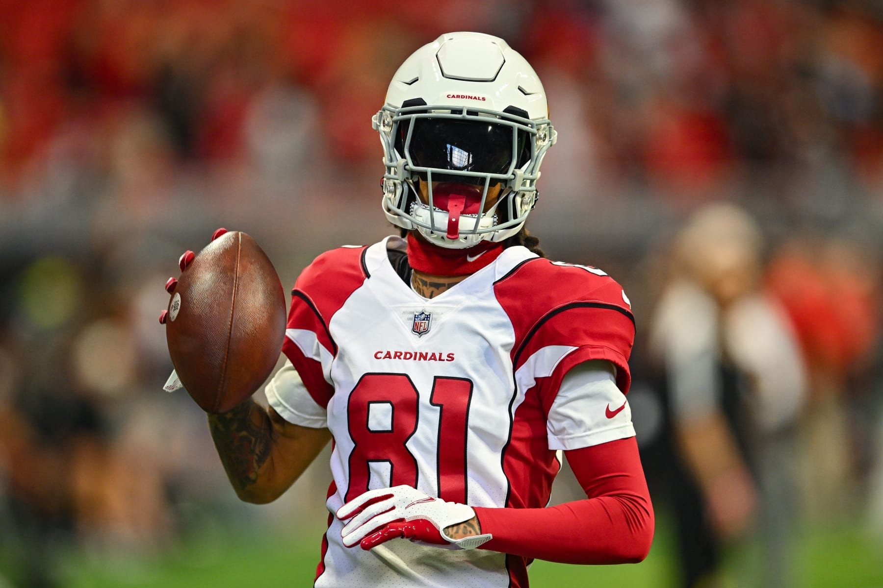 ATLANTA, GA  JANUARY 01:  Arizona wide receiver Robbie Anderson (81) warms up prior to the start of the NFL game between the Arizona Cardinals and the Atlanta Falcons on January 1st, 2023 at Mercedes-Benz Stadium in Atlanta, GA.  (Photo by Rich von Biberstein/Icon Sportswire via Getty Images)