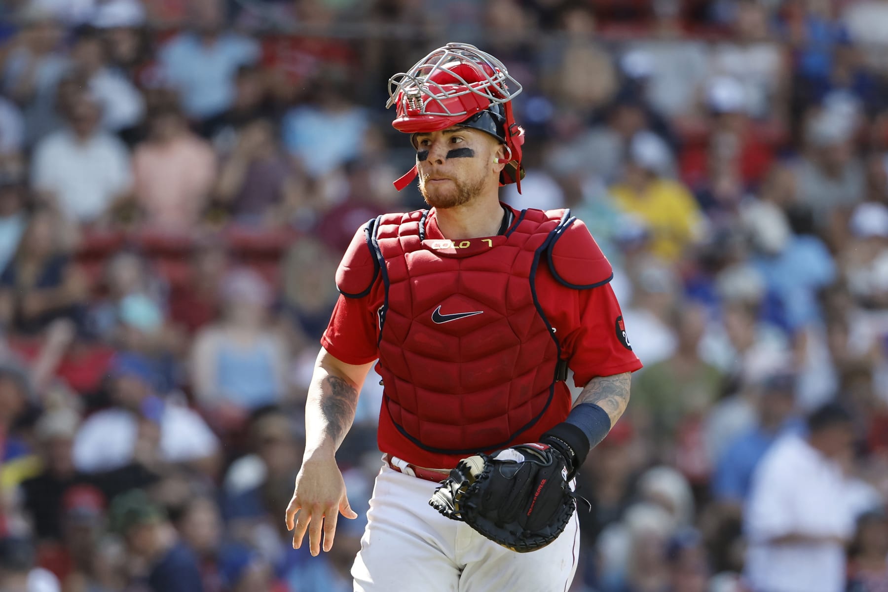 BOSTON, MA - JULY 24: Christian Vazquez #7 of the Boston Red Sox during the fifth inning against the Toronto Blue Jays at Fenway Park on July 24, 2022 in Boston, Massachusetts. (Photo By Winslow Townson/Getty Images)
