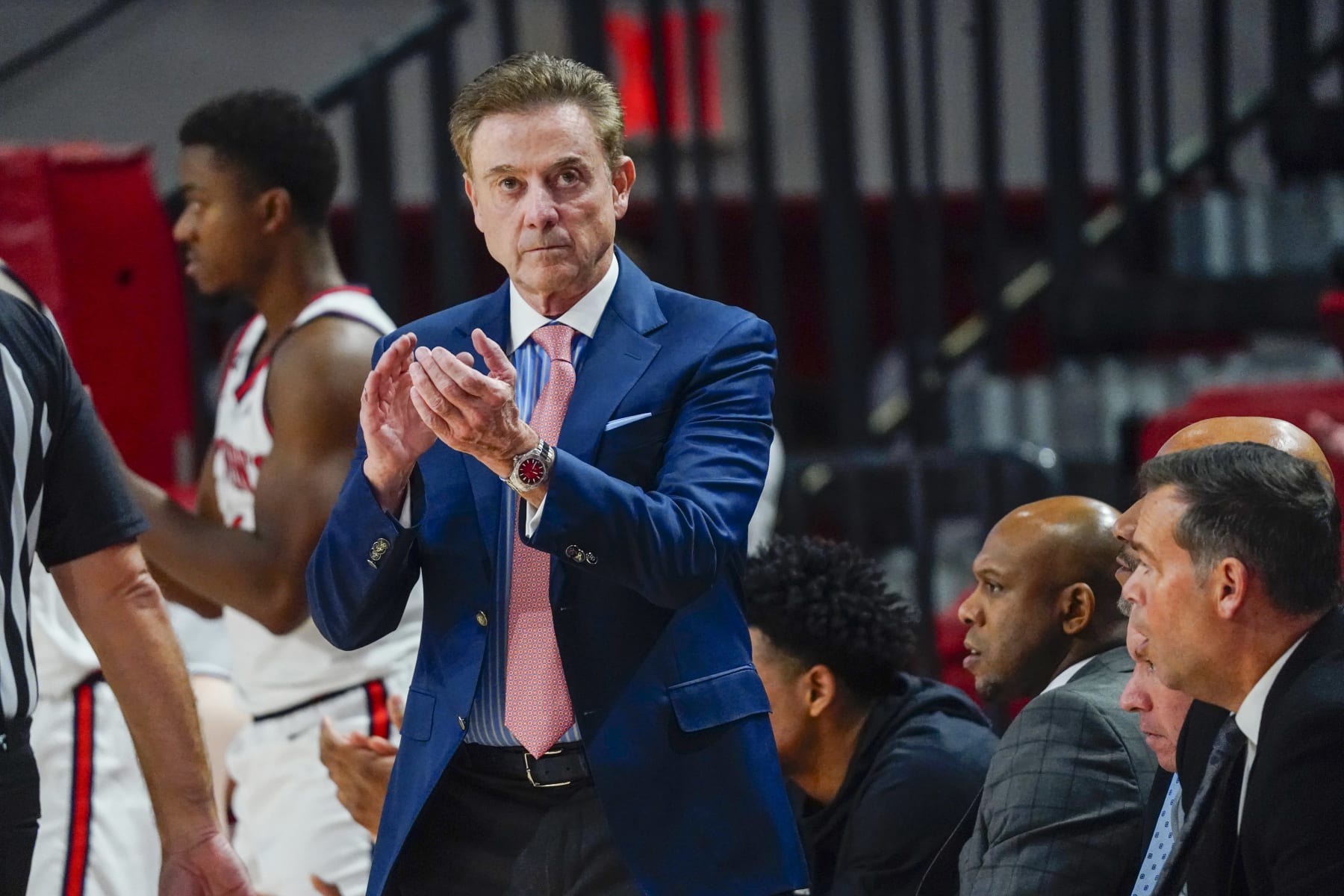 QUEENS, NY - DECEMBER 06: St. John's Red Storm Head Coach Rick Pitino claps for his players on the court during the second half to the College Basketball game between the Sacred Heart Pioneers and the St. John's Red Storm on December 6, 2023, at Carnesecca Arena in Queens, NY. (Photo by Gregory Fisher/Icon Sportswire via Getty Images)