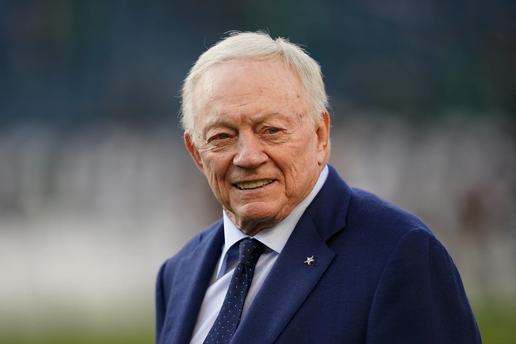 Dallas Cowboys owner Jerry Jones walks on the field before an NFL football game against the Philadelphia Eagles on Sunday, Nov. 5, 2023, in Philadelphia. (AP Photo/Chris Szagola)