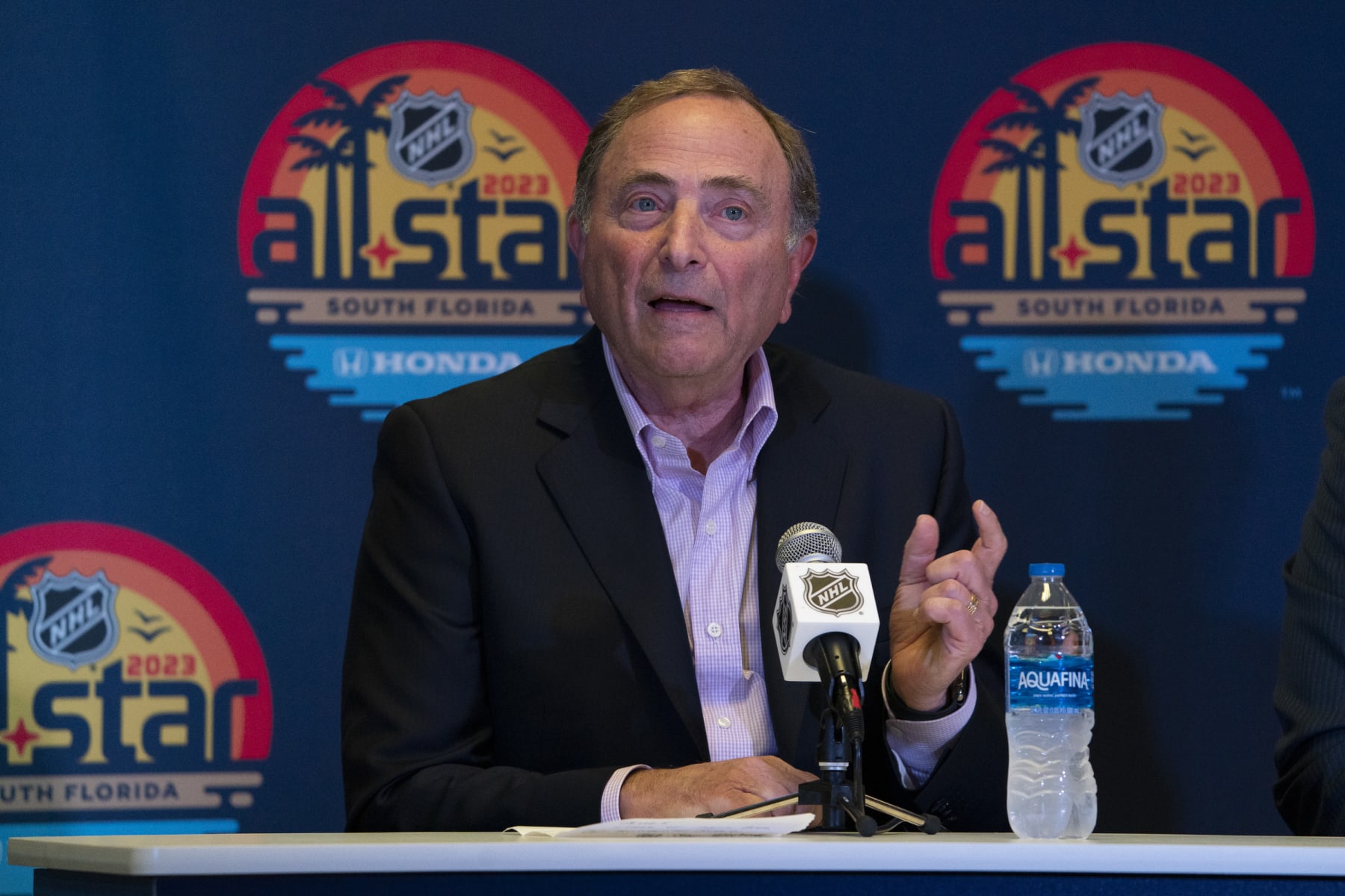 SUNRISE, FL - FEBRUARY 04: NHL Commissioner Gary Bettman announcing to members of the media that the Toronto Maple Leafs will host the 2024 Honda NHL® All-Star Weekend before the Honda NHL All-Star Game at FLA Live Arena in Sunrise, FL on February 4, 2023. (Photo by Jason Mowry/Icon Sportswire via Getty Images)