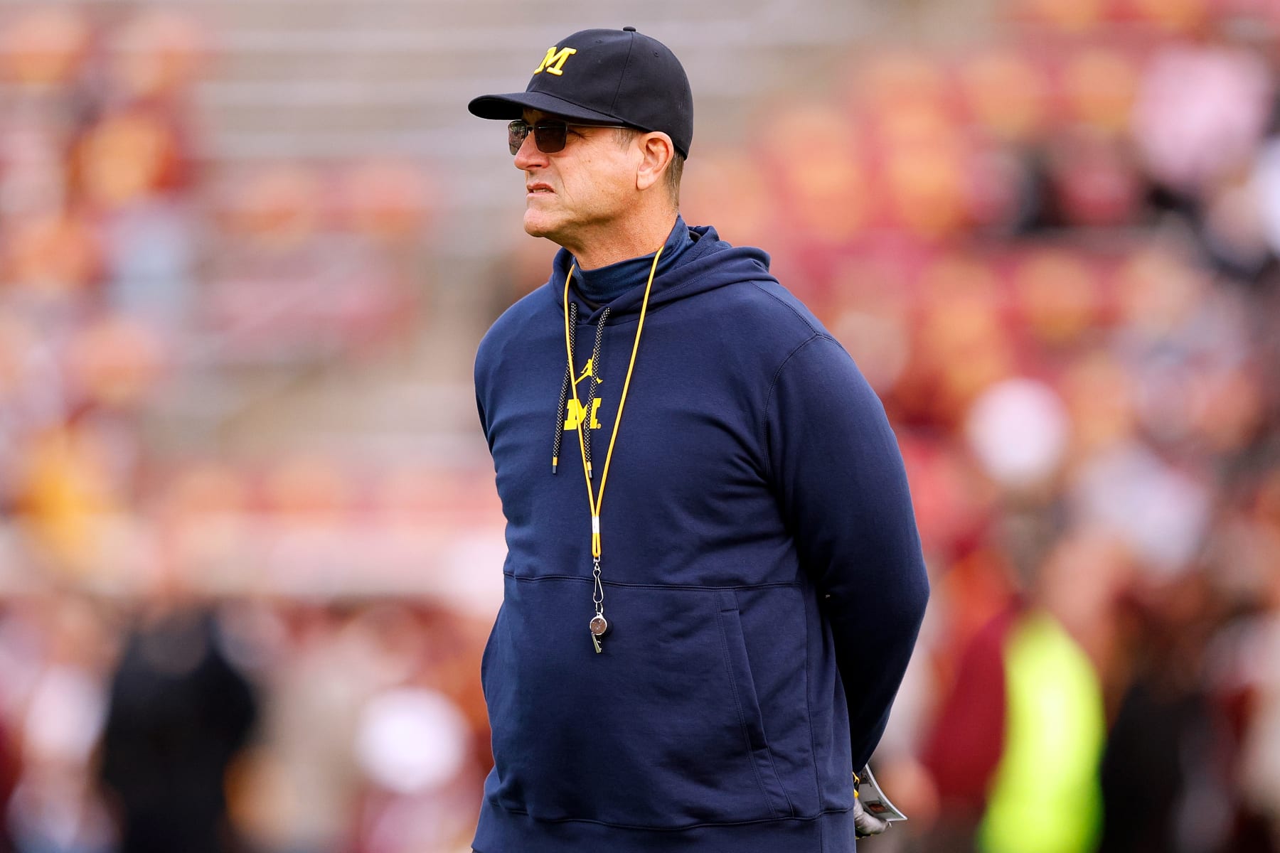 MINNEAPOLIS, MINNESOTA - OCTOBER 07: Head coach Jim Harbaugh of the Michigan Wolverines looks on prior to the start of the game against the Minnesota Golden Gophers at Huntington Bank Stadium on October 07, 2023 in Minneapolis, Minnesota. The Wolverines defeated the Golden Gophers 52-10. (Photo by David Berding/Getty Images)
