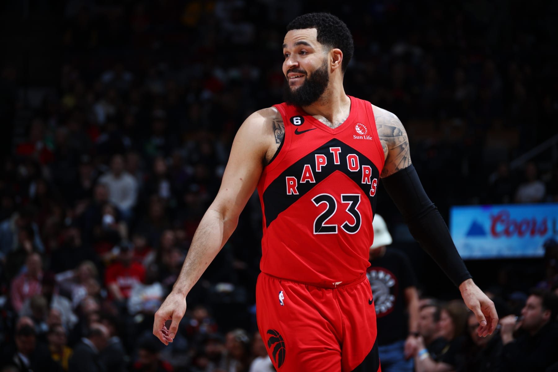 TORONTO, CANADA - MARCH 26: Fred VanVleet #23 of the Toronto Raptors smiles during the game against the Washington Wizards on March 26, 2023 at the Scotiabank Arena in Toronto, Ontario, Canada.  NOTE TO USER: User expressly acknowledges and agrees that, by downloading and or using this Photograph, user is consenting to the terms and conditions of the Getty Images License Agreement.  Mandatory Copyright Notice: Copyright 2023 NBAE (Photo by Vaughn Ridley/NBAE via Getty Images)