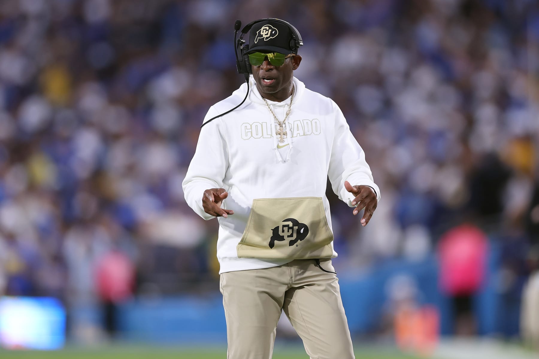 PASADENA, CALIFORNIA - OCTOBER 28: Head coach Deion Sanders of the Colorado Buffaloes looks on from the sidelines during the first half of a game against the UCLA Bruins at Rose Bowl Stadium on October 28, 2023 in Pasadena, California. (Photo by Sean M. Haffey/Getty Images)