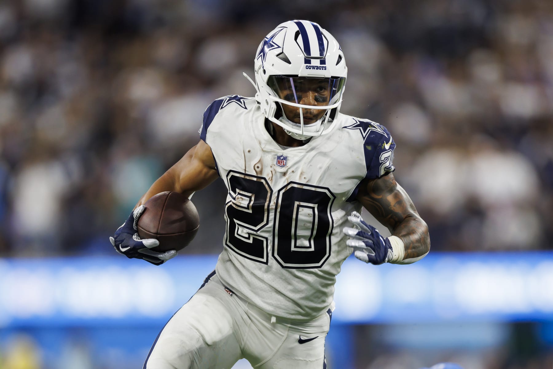 INGLEWOOD, CALIFORNIA - OCTOBER 16: Tony Pollard #20 of the Dallas Cowboys carries the ball on a run play during an NFL football game against the Los Angeles Chargers at SoFi Stadium on October 16, 2023 in Inglewood, California. (Photo by Ryan Kang/Getty Images)