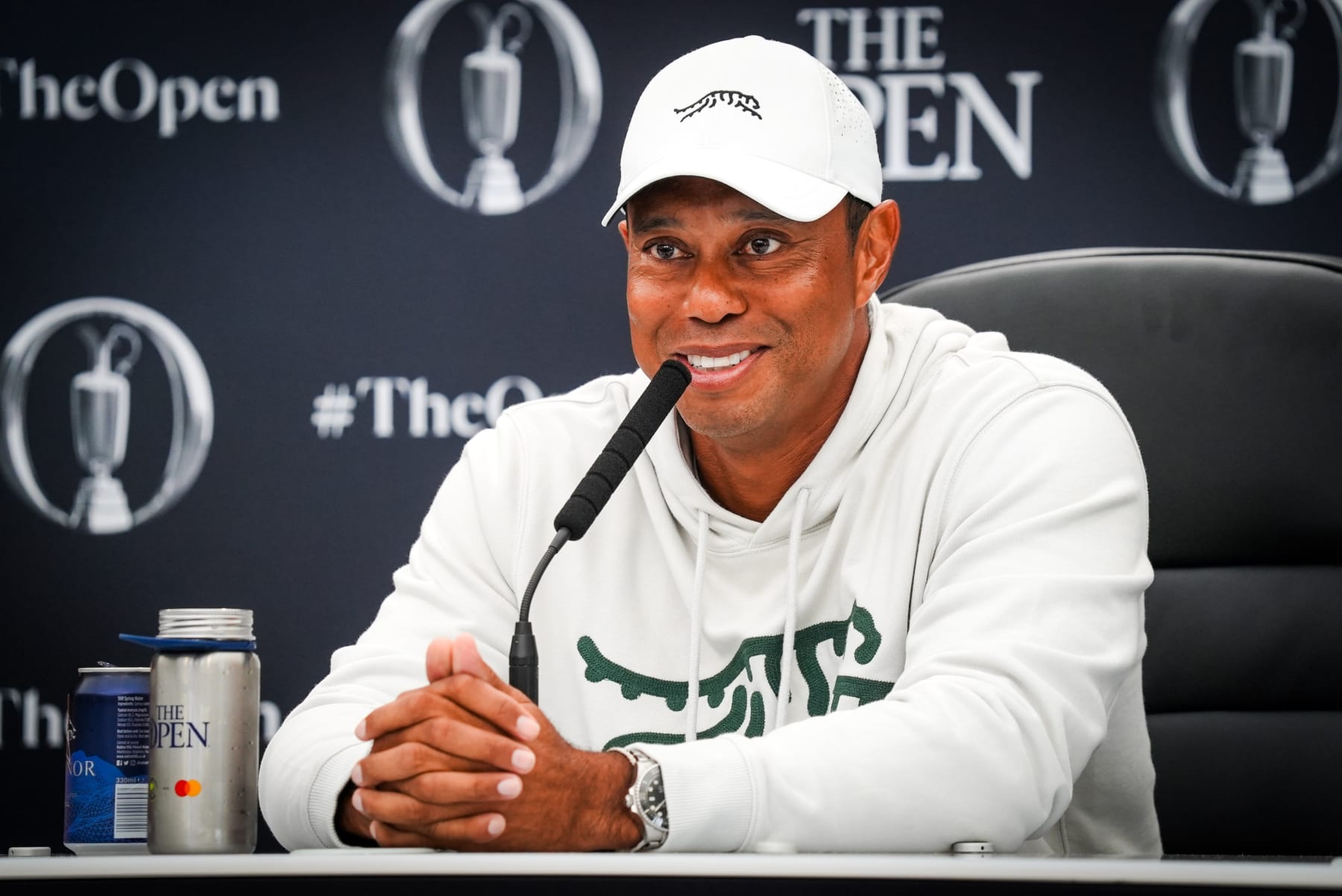 TROON, SCOTLAND - JULY 16: Tiger Woods of the USA during a Press Conference ahead of the 152nd Open Championship at Royal Troon, on July 16, 2024, in Troon, Scotland.  (Photo by Rob Casey/SNS Group via Getty Images)