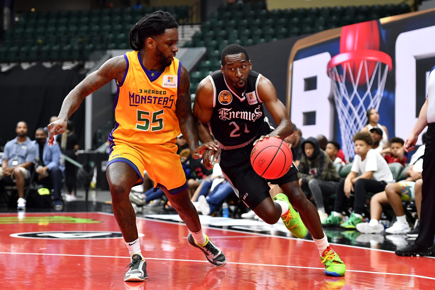 FRISCO, TEXAS - JULY 10: Jordan Crawford #27 of the Enemies drives past Kevin Murphy #55 of the 3 Headed Monsters during the game in BIG3 Week Four at Comerica Center on July 10, 2022 in Frisco, Texas. (Photo by Logan Riely/Getty Images for BIG3)