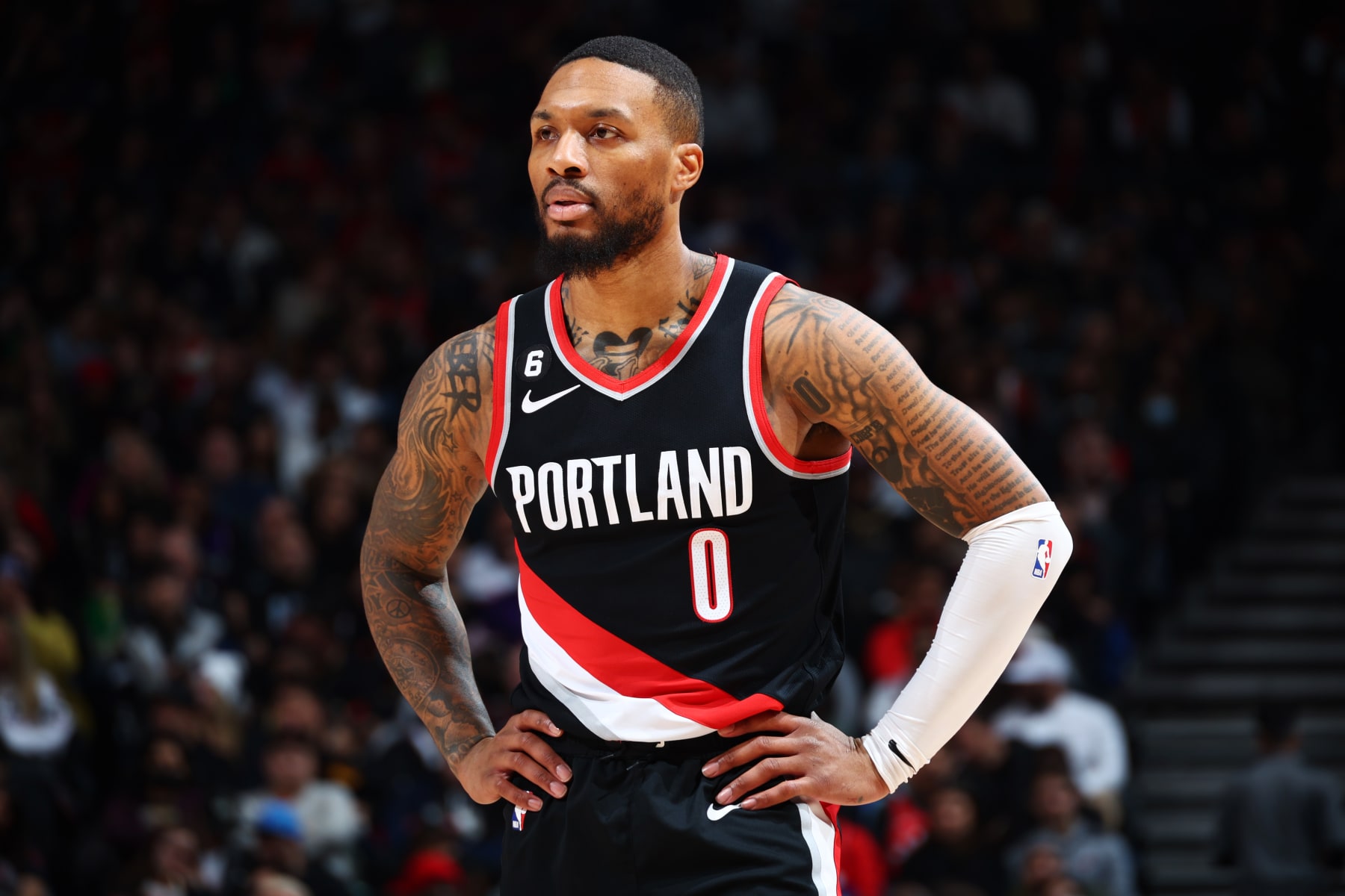 TORONTO, CANADA - JANUARY 8: Damian Lillard #0 of the Portland Trail Blazers looks on during the game against the Toronto Raptors on January 8, 2023 at the Scotiabank Arena in Toronto, Ontario, Canada. NOTE TO USER: User expressly acknowledges and agrees that, by downloading and or using this Photograph, user is consenting to the terms and conditions of the Getty Images License Agreement. Mandatory Copyright Notice: Copyright 2022 NBAE (Photo by Vaughn Ridley/NBAE via Getty Images) TORONTO, CANADA - JANUARY 8: Damian Lillard #0 of the Portland Trail Blazers looks on during the game against the Toronto Raptors on January 8, 2023 at the Scotiabank Arena in Toronto, Ontario, Canada. NOTE TO USER: User expressly acknowledges and agrees that, by downloading and or using this Photograph, user is consenting to the terms and conditions of the Getty Images License Agreement. Mandatory Copyright Notice: Copyright 2022 NBAE (Photo by Vaughn Ridley/NBAE via Getty Images)