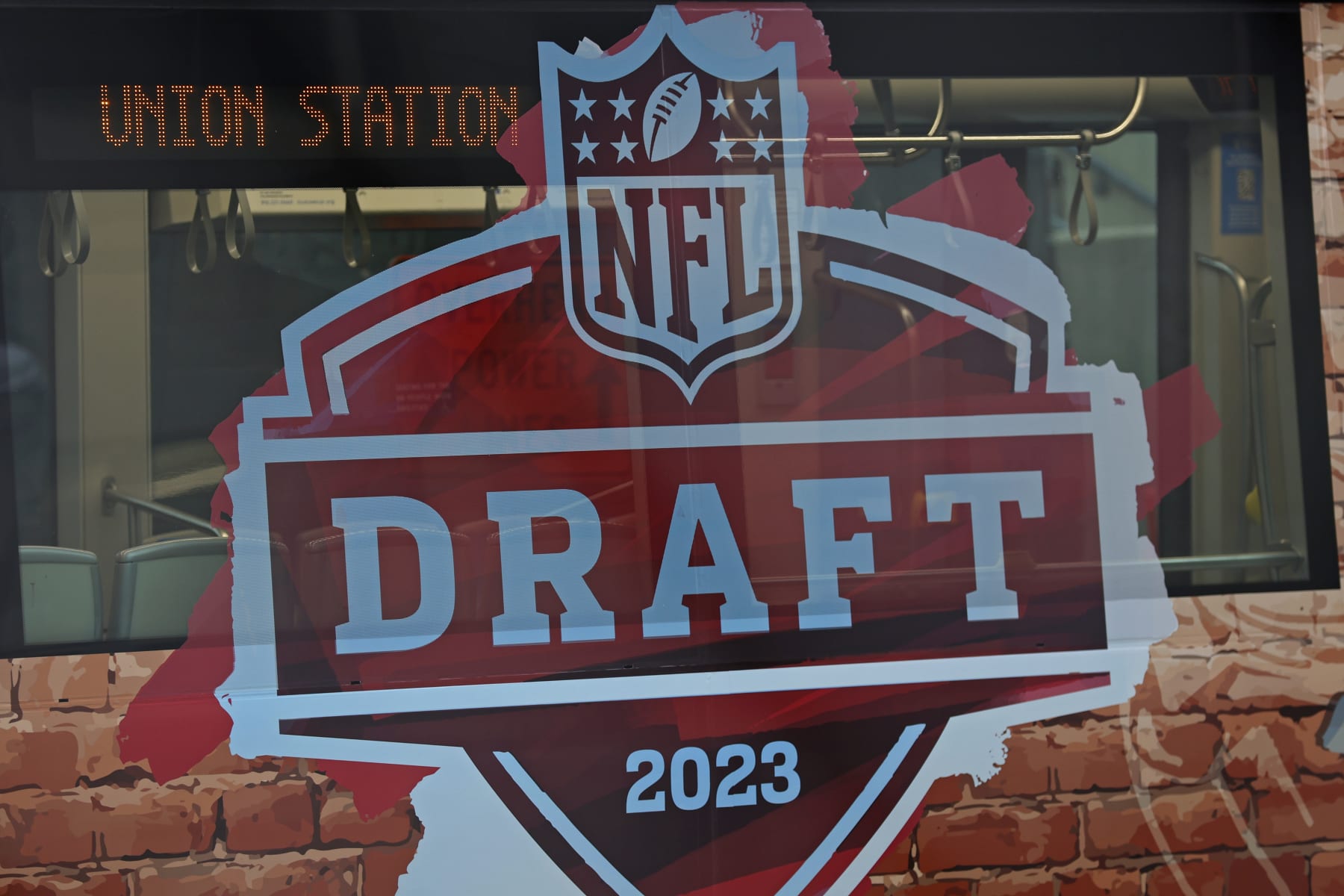 A detail view of the NFL Draft logo on a street car on Wednesday, April 26, 2023 in Kansas City, MO. (AP Photo/Adam Hunger)