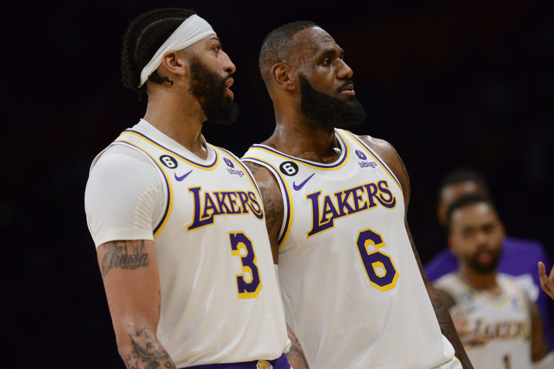 LOS ANGELES, CA - MAY 6: Anthony Davis #3 and LeBron James #6 of the Los Angeles Lakers look on during the game against the Golden State Warriors during the Western Conference Semi Finals during the 2023 NBA Playoffs on May 6, 2023 at Crypto.Com Arena in Los Angeles, California. NOTE TO USER: User expressly acknowledges and agrees that, by downloading and/or using this Photograph, user is consenting to the terms and conditions of the Getty Images License Agreement. Mandatory Copyright Notice: Copyright 2023 NBAE (Photo by Noah Graham/NBAE via Getty Images)