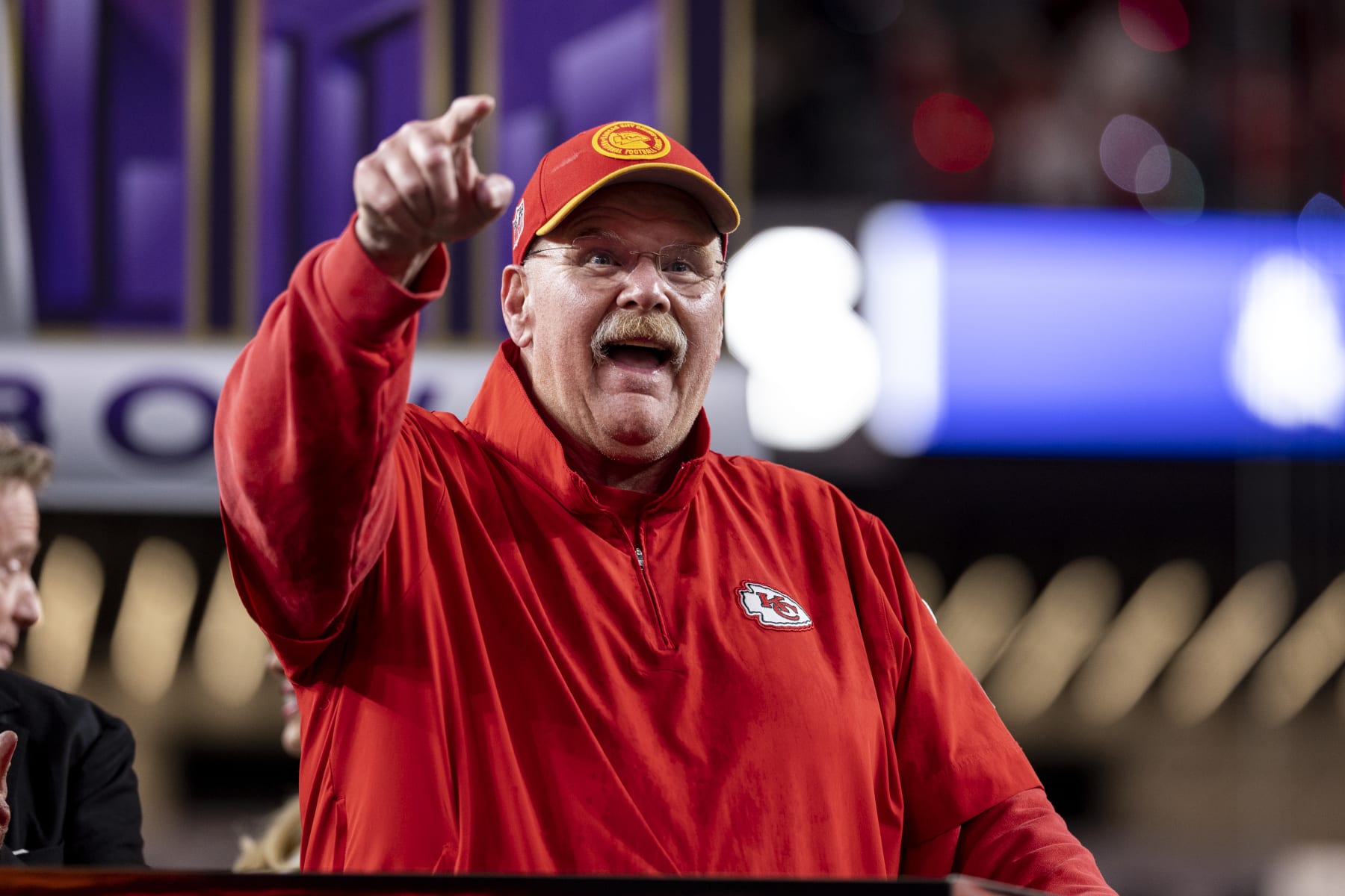 LAS VEGAS, NEVADA - FEBRUARY 11: Head coach Andy Reid of the Kansas City Chiefs celebrates during the Trophy ceremony following the NFL Super Bowl 58 football game between the San Francisco 49ers and the Kansas City Chiefs at Allegiant Stadium on February 11, 2024 in Las Vegas, Nevada. (Photo by Michael Owens/Getty Images)