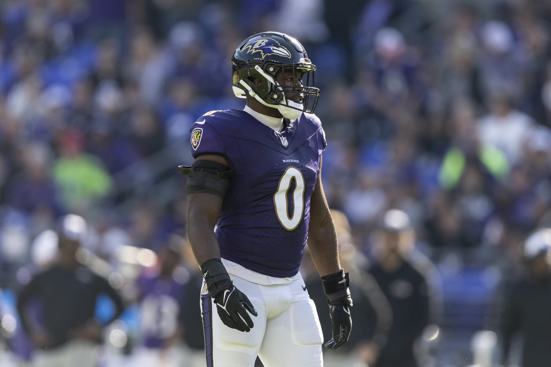 BALTIMORE, MARYLAND - NOVEMBER 05: Roquan Smith #0 of the Baltimore Ravens looks on during an NFL football game between the Baltimore Ravens and the Seattle Seahawks at M&T Bank Stadium on November 05, 2023 in Baltimore, Maryland. (Photo by Michael Owens/Getty Images)