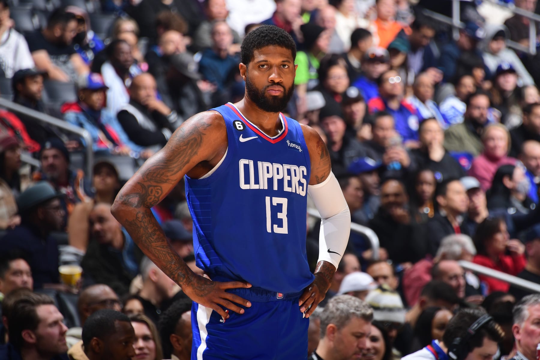 LOS ANGELES, CA - FEBRUARY 28:  Paul George #13 of the LA Clippers looks on during the game on February 28, 2023 at Crypto.Com Arena in Los Angeles, California. NOTE TO USER: User expressly acknowledges and agrees that, by downloading and/or using this Photograph, user is consenting to the terms and conditions of the Getty Images License Agreement. Mandatory Copyright Notice: Copyright 2023 NBAE (Photo by Adam Pantozzi/NBAE via Getty Images)