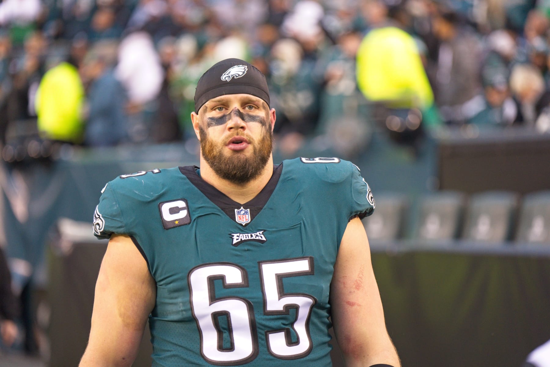 PHILADELPHIA, PA - JANUARY 29: Philadelphia Eagles offensive tackle Lane Johnson (65) looks on during the Championship game between the San Fransisco 49ers and the Philadelphia Eagles on January 29, 2023. (Photo by Andy Lewis/Icon Sportswire via Getty Images)