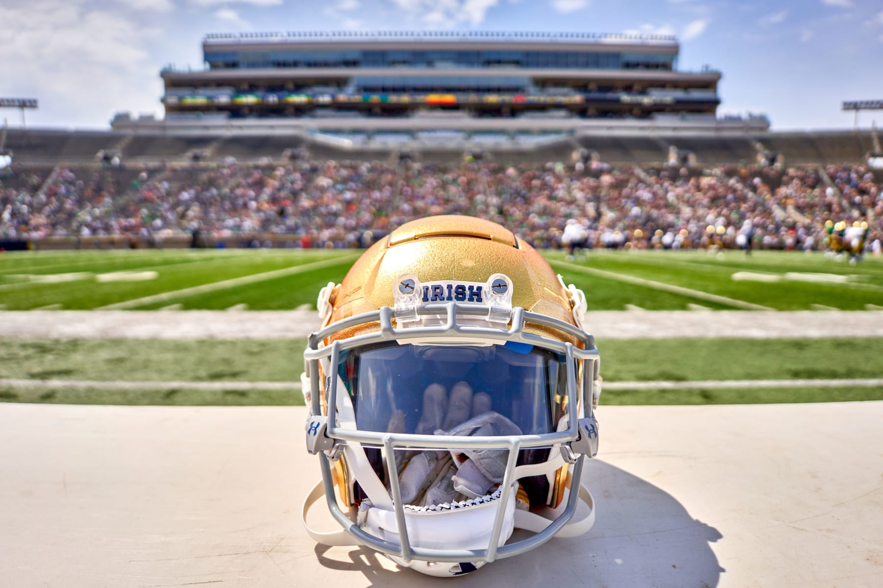 SOUTH BEND, IN - APRIL 23: A detail view of a Notre Dame Fighting Irish helmet is seen during the Notre Dame Blue-Gold Spring Football Game on April 23, 2022 at Notre Dame Stadium in South Bend, IN. (Photo by Robin Alam/Icon Sportswire via Getty Images)