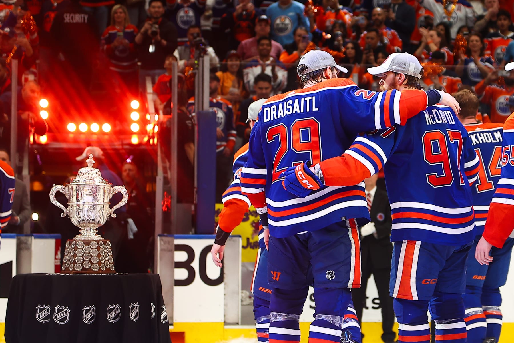 EDMONTON, AB - JUNE 2: Edmonton Oilers Center Leon Draisaitl (29) and Edmonton Oilers Center Connor McDavid (97) congratulate each other after winning the Western Conference in game six of the Western Conference Final Round Edmonton Oilers game versus the Dallas Stars on June 2, 2024 at Rogers Place in Edmonton, AB. (Photo by Curtis Comeau/Icon Sportswire via Getty Images)