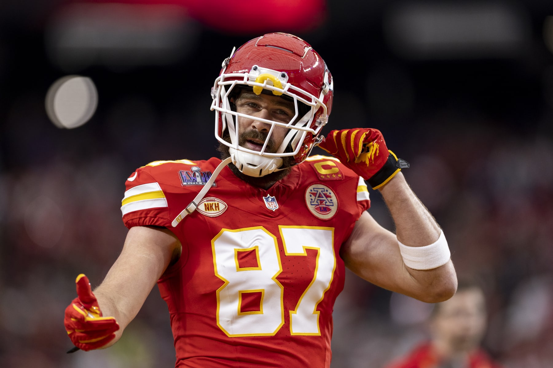 LAS VEGAS, NEVADA - FEBRUARY 11: Travis Kelce #87 of the Kansas City Chiefs reacts prior to the NFL Super Bowl 58 football game between the San Francisco 49ers and the Kansas City Chiefs at Allegiant Stadium on February 11, 2024 in Las Vegas, Nevada. (Photo by Michael Owens/Getty Images)