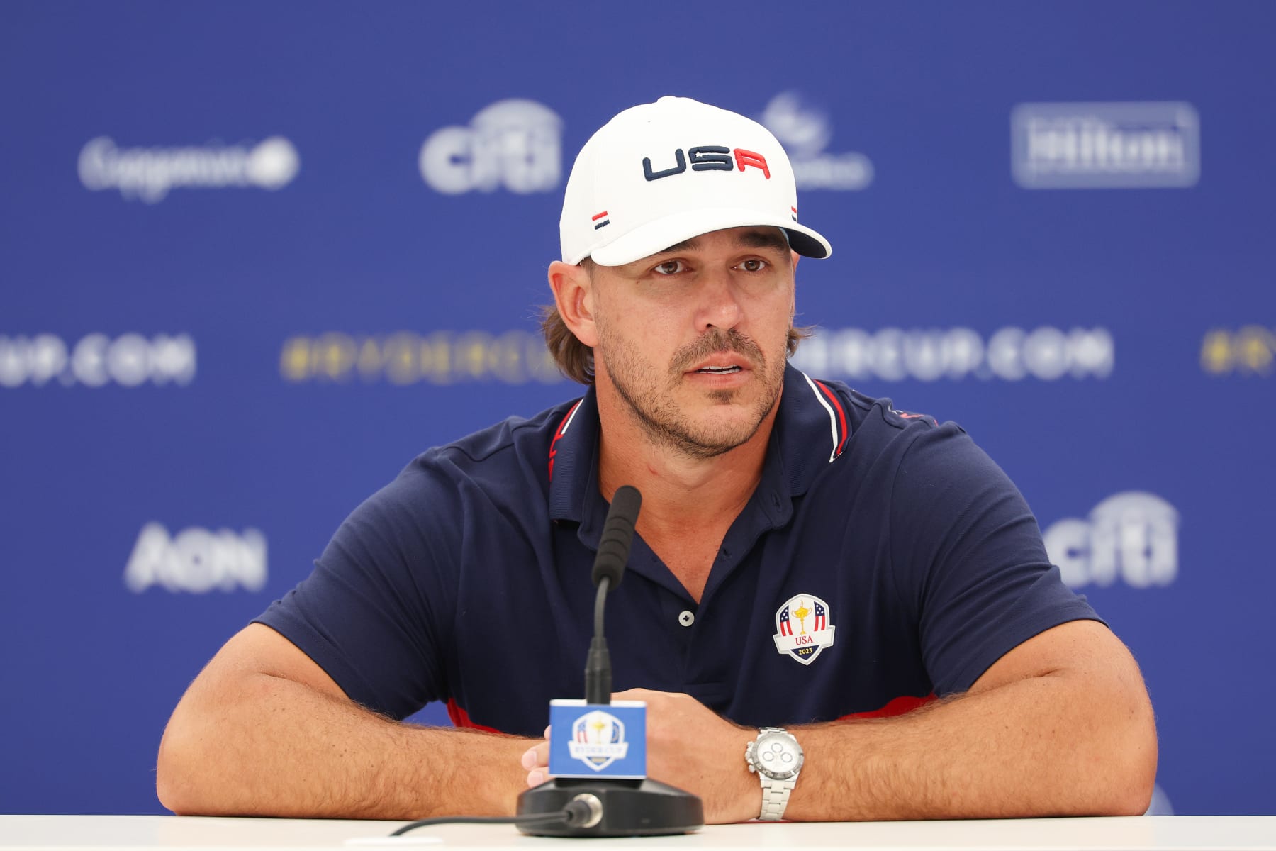 ROME, ITALY - SEPTEMBER 27: Brooks Koepka of Team United States speaks in a press conference following a practice round prior to the 2023 Ryder Cup at Marco Simone Golf Club on September 27, 2023 in Rome, Italy. (Photo by Patrick Smith/Getty Images)