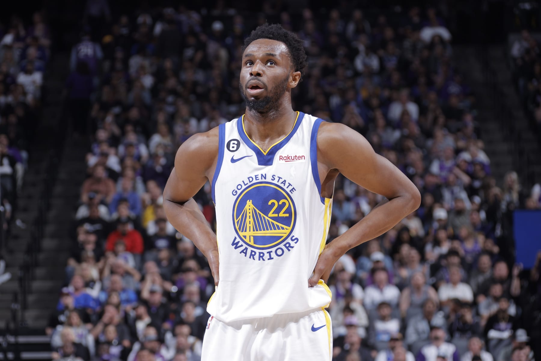 SACRAMENTO, CA - APRIL 17:  Andrew Wiggins #22 of the Golden State Warriors looks on during the game against the Sacramento Kings during Round 1 Game 2 of the 2023 NBA Playoffs on April 17, 2023 at Golden 1 Center in Sacramento, California. NOTE TO USER: User expressly acknowledges and agrees that, by downloading and or using this Photograph, user is consenting to the terms and conditions of the Getty Images License Agreement. Mandatory Copyright Notice: Copyright 2023 NBAE (Photo by Rocky Widner/NBAE via Getty Images)