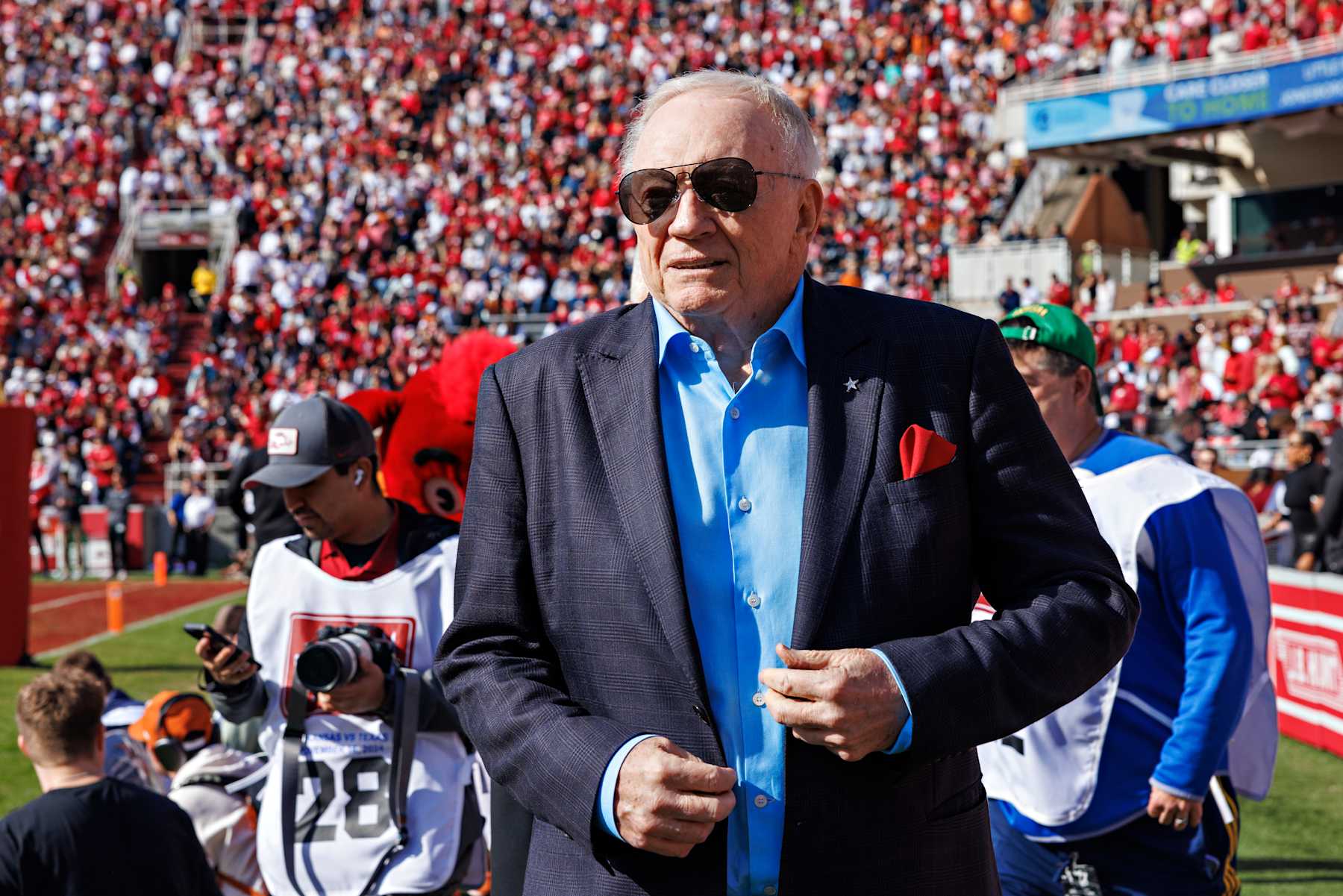 FAYETTEVILLE, ARKANSAS - NOVEMBER 16: Dallas Cowboys owner and Razorback Alumni Jerry Jones on the field during a game between the Texas Longhorns and the Arkansas Razorbacks at Donald W. Reynolds Razorback Stadium on November 16, 2024 in Fayetteville, Arkansas. The Longhorns defeated the Razorbacks 20-10.  (Photo by Wesley Hitt/Getty Images)