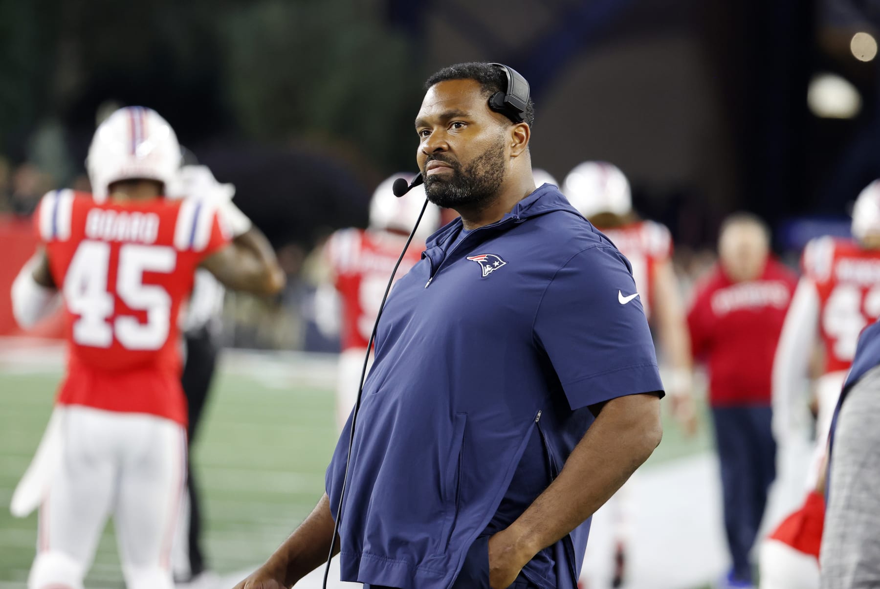 FOXBOROUGH, MA - SEPTEMBER 17: New England Patriots linebackers coach Jerod Mayo during a game between the New England Patriots and the Miami Dolphins on September 17, 2023, at Gillette Stadium in Foxborough, Massachusetts. (Photo by Fred Kfoury III/Icon Sportswire via Getty Images)