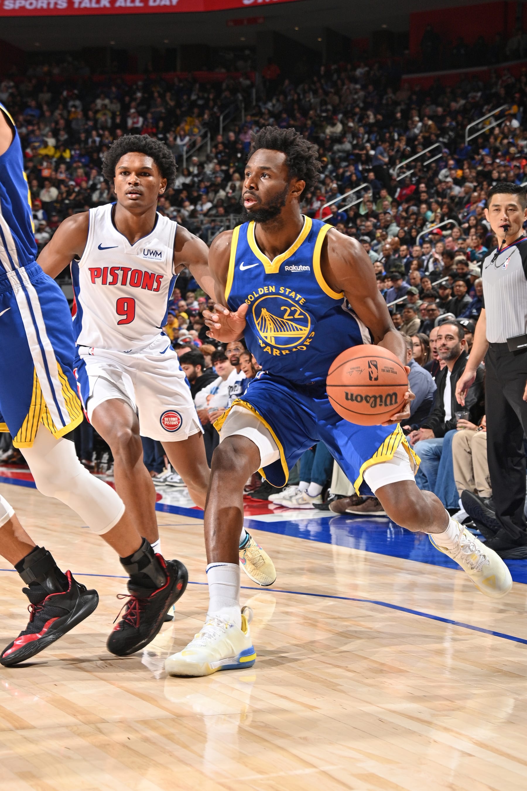 DETROIT, MI - NOVEMBER 6: Andrew Wiggins #22 of the Golden State Warriors dribbles the ball during the game against the Detroit Pistons on November 6, 2023 at Little Caesars Arena in Detroit, Michigan. NOTE TO USER: User expressly acknowledges and agrees that, by downloading and/or using this photograph, User is consenting to the terms and conditions of the Getty Images License Agreement. Mandatory Copyright Notice: Copyright 2023 NBAE (Photo by Chris Schwegler/NBAE via Getty Images)