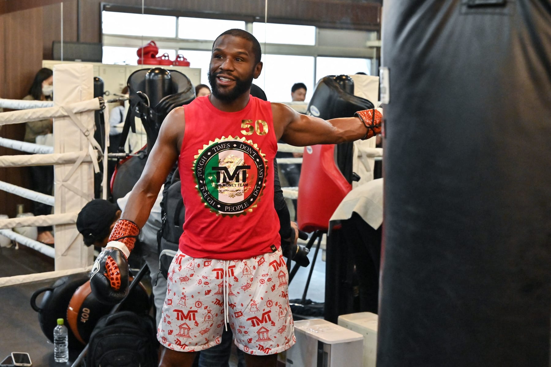 US boxer great Floyd Mayweather takes part in a training session at a gym in Tokyo on September 22, 2022, ahead of his planned exhibition boxing match against Japanese mixed martial artist Mikuru Asakura on September 25. (Photo by Richard A. Brooks / AFP) (Photo by RICHARD A. BROOKS/AFP via Getty Images)