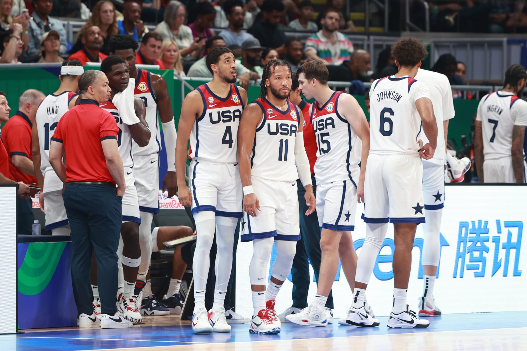 MANILA, PHILIPPINES - SEPTEMBER 3: Members of the USA Men's Senior National Team look on during the game against Lithuania in the third round as part of the 2023 FIBA World Cup on September 3, 2023 at Mall of Asia Arena in Manila, Philippines. NOTE TO USER: User expressly acknowledges and agrees that, by downloading and/or using this photograph, user is consenting to the terms and conditions of the Getty Images License Agreement. Mandatory Copyright Notice: Copyright 2023 NBAE (Photo by Nathaniel S. Butler/NBAE via Getty Images)