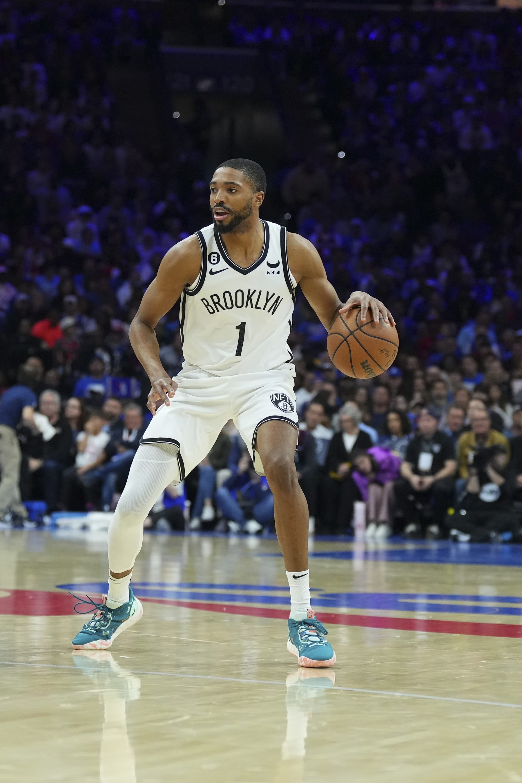 PHILADELPHIA, PA - APRIL 17: Mikal Bridges #1 of the Brooklyn Nets dribbles the ball against the Philadelphia 76ers during Game Two of the Eastern Conference First Round Playoffs at the Wells Fargo Center on April 17, 2023 in Philadelphia, Pennsylvania. NOTE TO USER: User expressly acknowledges and agrees that, by downloading and or using this photograph, User is consenting to the terms and conditions of the Getty Images License Agreement. (Photo by Mitchell Leff/Getty Images)