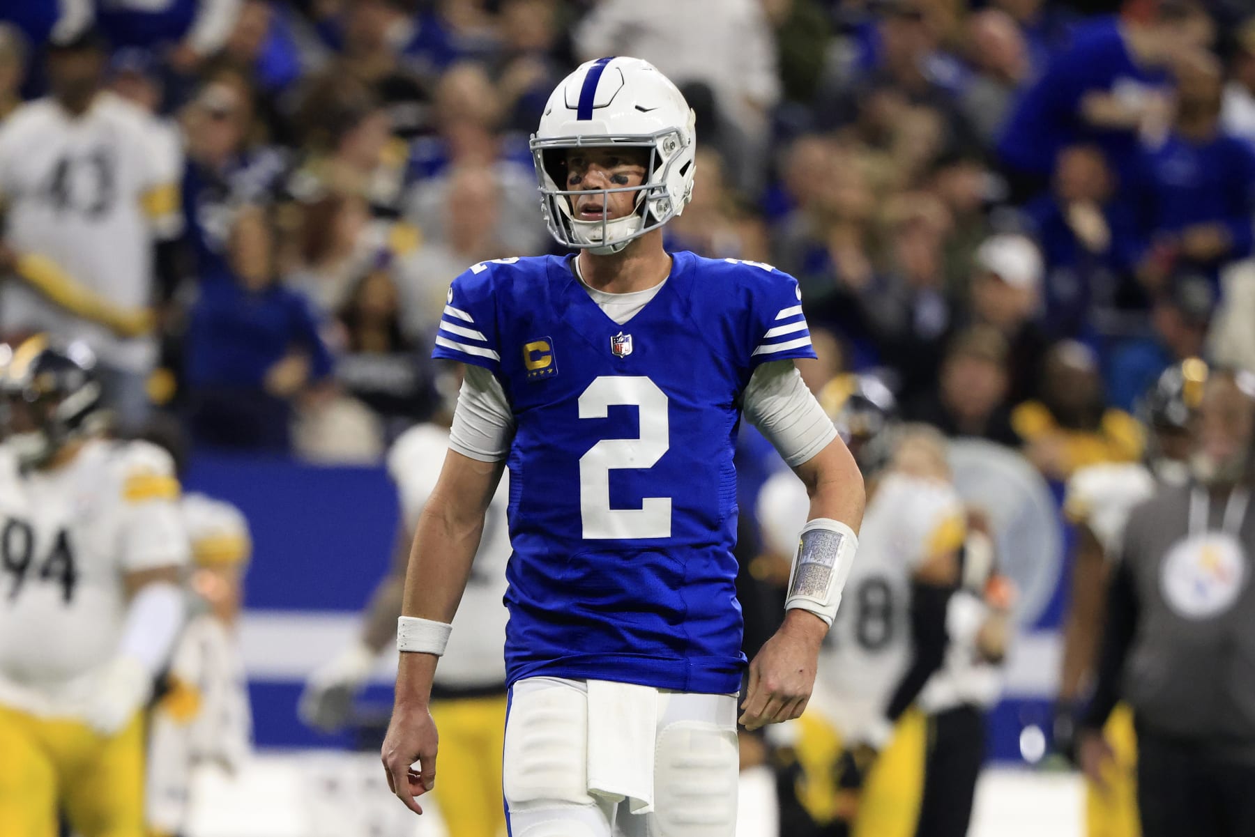 INDIANAPOLIS, INDIANA - NOVEMBER 28: Matt Ryan #2 of the Indianapolis Colts looks on in the game against the Pittsburgh Steelers at Lucas Oil Stadium on November 28, 2022 in Indianapolis, Indiana. (Photo by Justin Casterline/Getty Images)