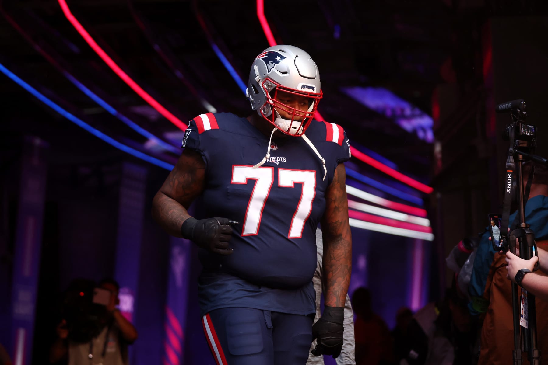 FOXBOROUGH, MASSACHUSETTS - SEPTEMBER 10: Trent Brown #77 of the New England Patriots walks onto the field before his team's game against the Philadelphia Eagles at Gillette Stadium on September 10, 2023 in Foxborough, Massachusetts. (Photo by Maddie Meyer/Getty Images)