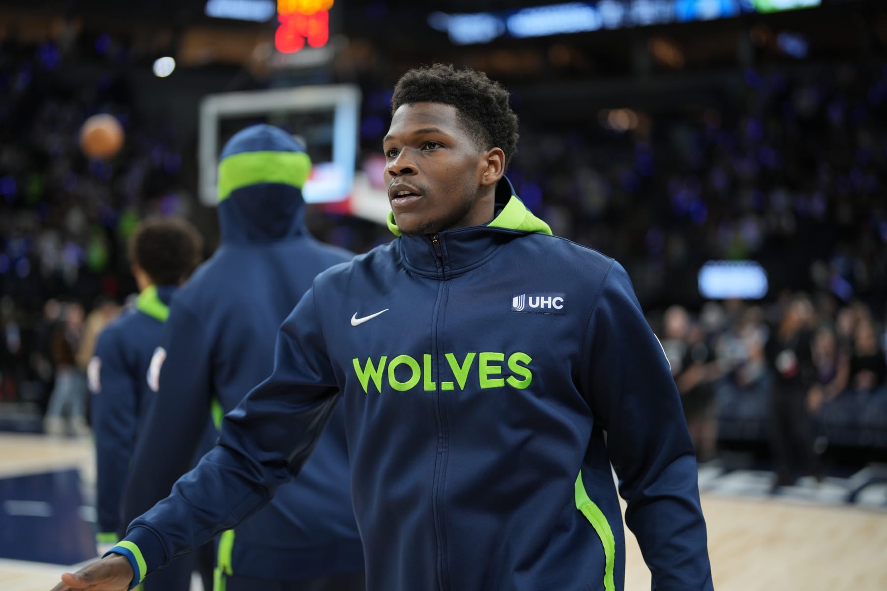 MINNEAPOLIS, MN -  APRIL 14: Anthony Edwards #1 of the Minnesota Timberwolves warms up before the 2023 Play-In Tournament against the Oklahoma City Thunder on April 14, 2023 at Target Center in Minneapolis, Minnesota. NOTE TO USER: User expressly acknowledges and agrees that, by downloading and or using this Photograph, user is consenting to the terms and conditions of the Getty Images License Agreement. Mandatory Copyright Notice: Copyright 2023 NBAE (Photo by Jordan Johnson/NBAE via Getty Images)