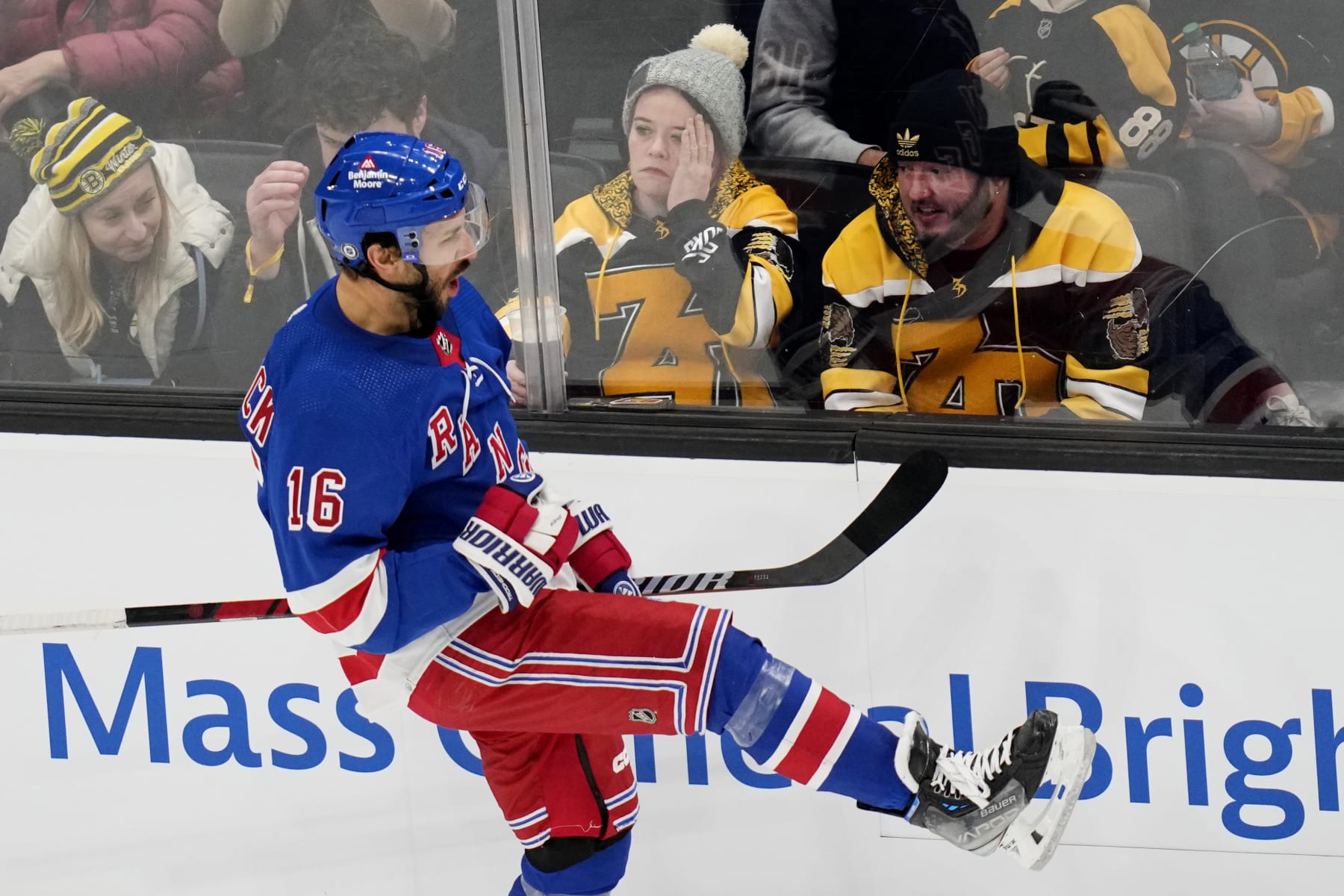 New York Rangers center Vincent Trocheck celebrates after his goal against Boston Bruins goaltender Jeremy Swayman during the third period of an NHL hockey game, Saturday, Dec. 16, 2023, in Boston. (AP Photo/Charles Krupa) New York Rangers center Vincent Trocheck celebrates after his goal against Boston Bruins goaltender Jeremy Swayman during the third period of an NHL hockey game, Saturday, Dec. 16, 2023, in Boston. (AP Photo/Charles Krupa)