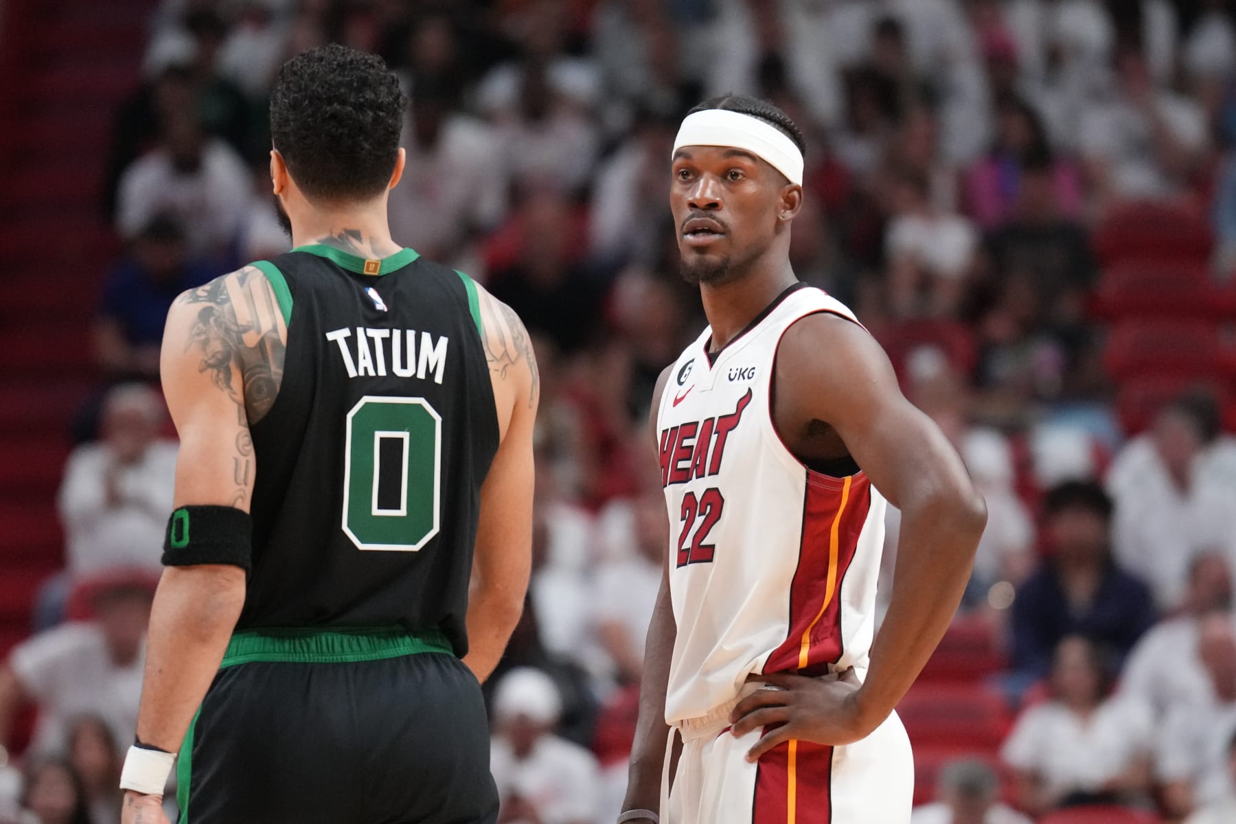 MIAMI, FL - MAY 21: Jimmy Butler #22 of the Miami Heat looks on during Game Three of the Eastern Conference Finals against the Boston Celtics on May 21, 2023 at the Kaseya Center in Miami, Florida. NOTE TO USER: User expressly acknowledges and agrees that, by downloading and or using this Photograph, user is consenting to the terms and conditions of the Getty Images License Agreement. Mandatory Copyright Notice: Copyright 2023 NBAE (Photo by Jesse D. Garrabrant/NBAE via Getty Images)
