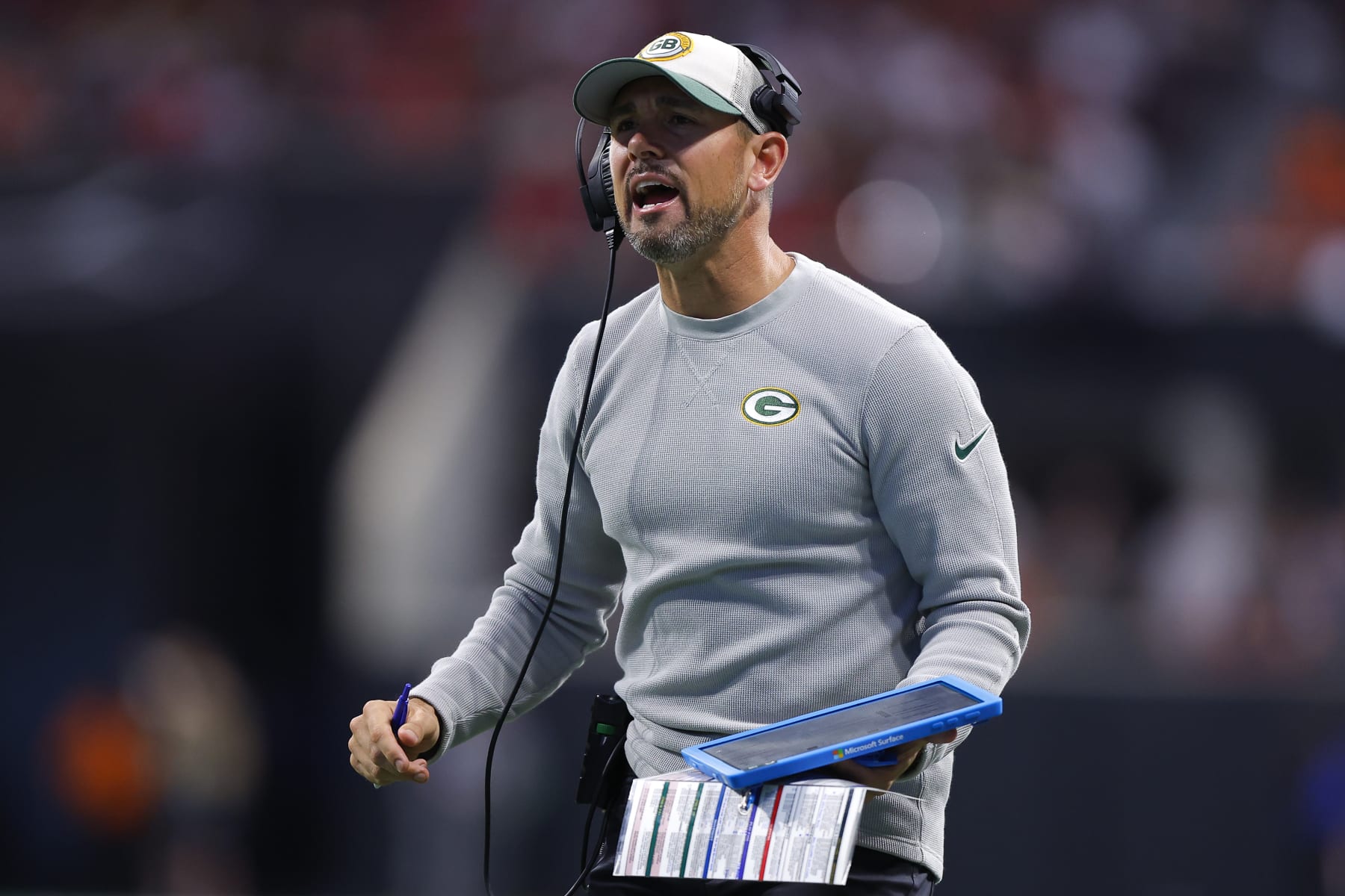ATLANTA, GEORGIA - SEPTEMBER 17: Head coach Matt LaFleur of the Green Bay Packers reacts during the third quarter against the Atlanta Falcons at Mercedes-Benz Stadium on September 17, 2023 in Atlanta, Georgia. (Photo by Todd Kirkland/Getty Images)