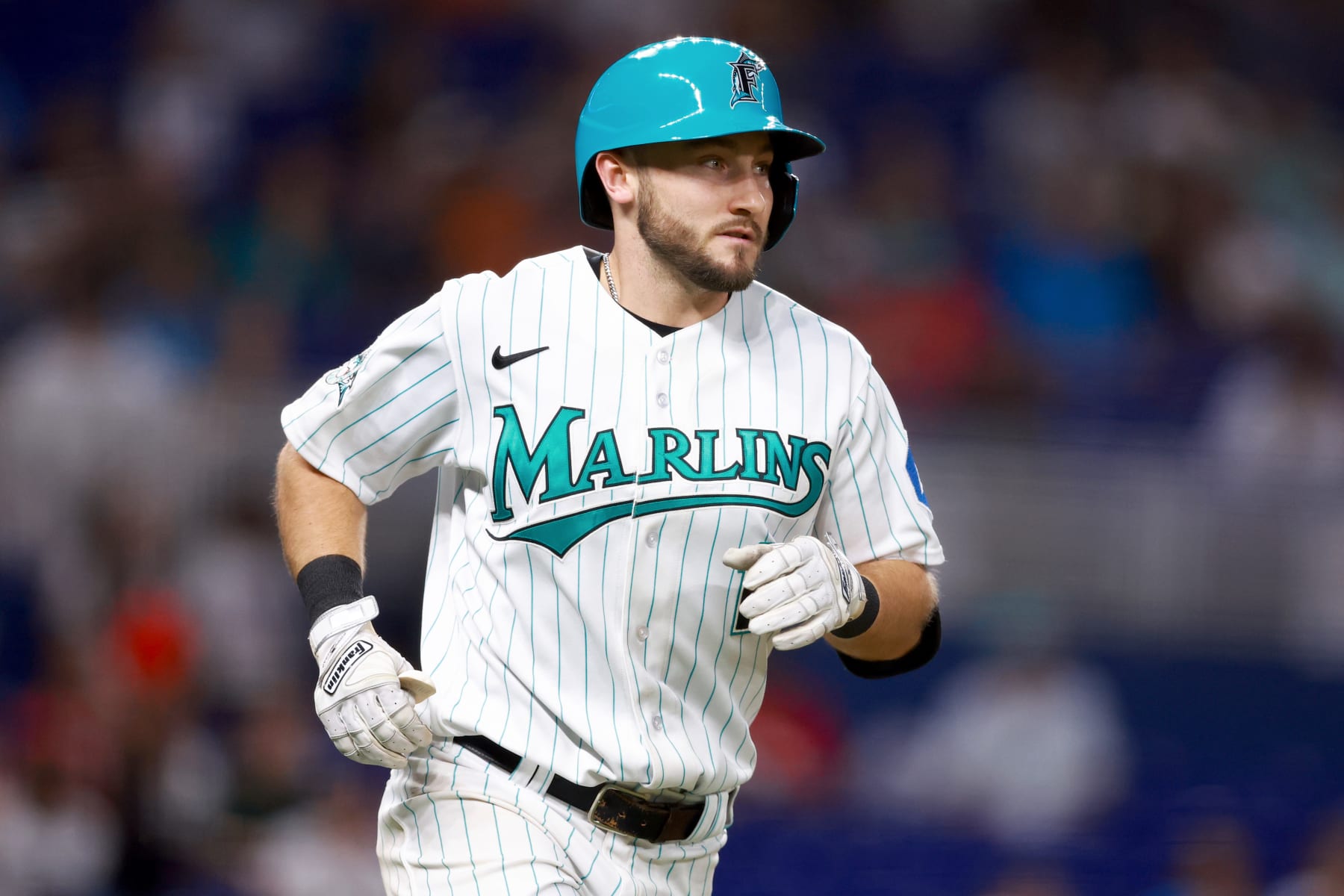 MIAMI, FLORIDA - SEPTEMBER 22: Garrett Hampson #1 of the Miami Marlins in action against the Milwaukee Brewers during the seventh inning at loanDepot park on September 22, 2023 in Miami, Florida. (Photo by Megan Briggs/Getty Images)