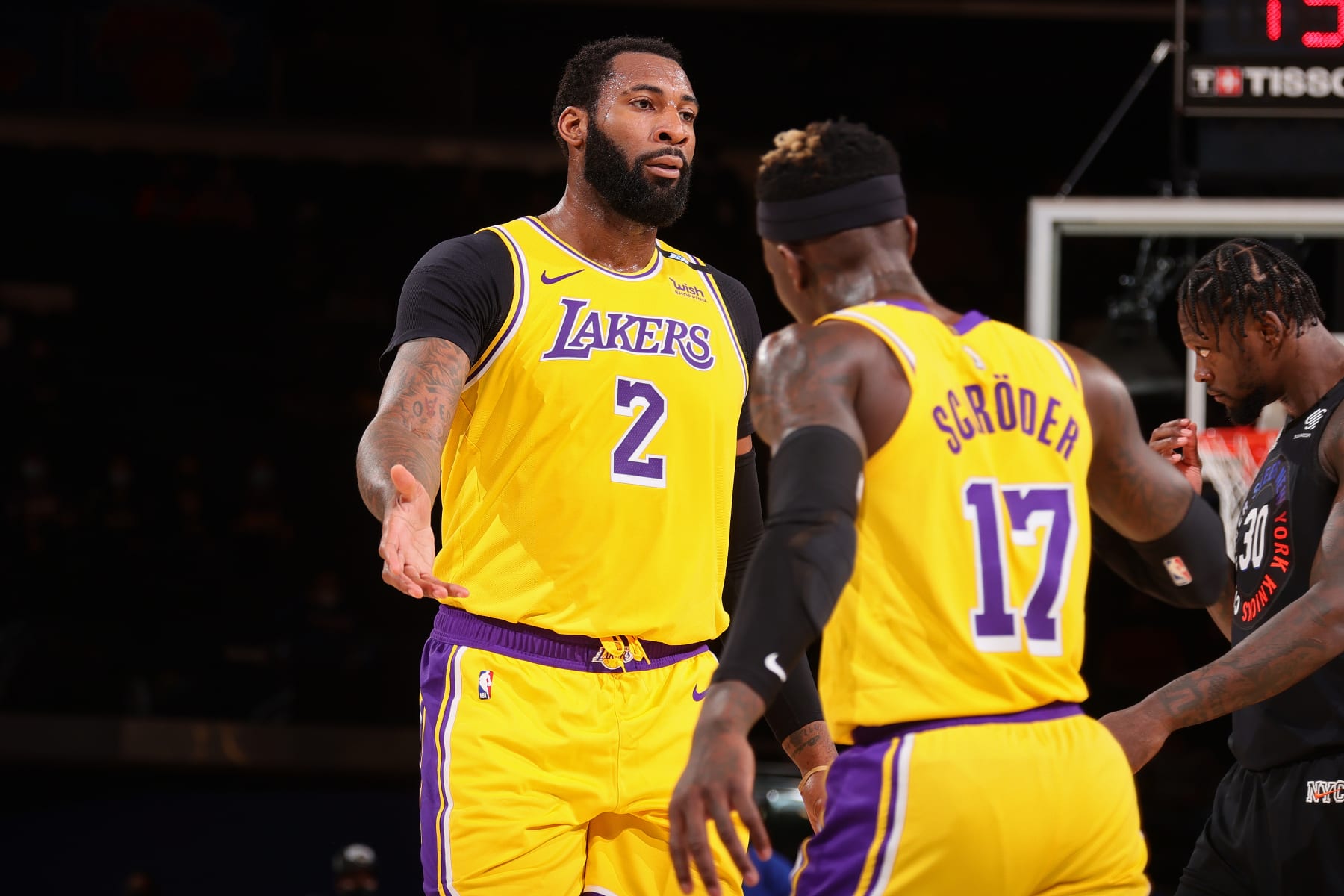 NEW YORK, NY - APRIL 12: Andre Drummond #2 and Dennis Schroder #17 of the Los Angeles Lakers hi-five during the game against the New York Knicks on April 12, 2021 at Madison Square Garden in New York City, New York. NOTE TO USER: User expressly acknowledges and agrees that, by downloading and or using this photograph, User is consenting to the terms and conditions of the Getty Images License Agreement. Mandatory Copyright Notice: Copyright 2021 NBAE (Photo by Nathaniel S. Butler/NBAE via Getty Images) NEW YORK, NY - APRIL 12: Andre Drummond #2 and Dennis Schroder #17 of the Los Angeles Lakers hi-five during the game against the New York Knicks on April 12, 2021 at Madison Square Garden in New York City, New York. NOTE TO USER: User expressly acknowledges and agrees that, by downloading and or using this photograph, User is consenting to the terms and conditions of the Getty Images License Agreement. Mandatory Copyright Notice: Copyright 2021 NBAE (Photo by Nathaniel S. Butler/NBAE via Getty Images)
