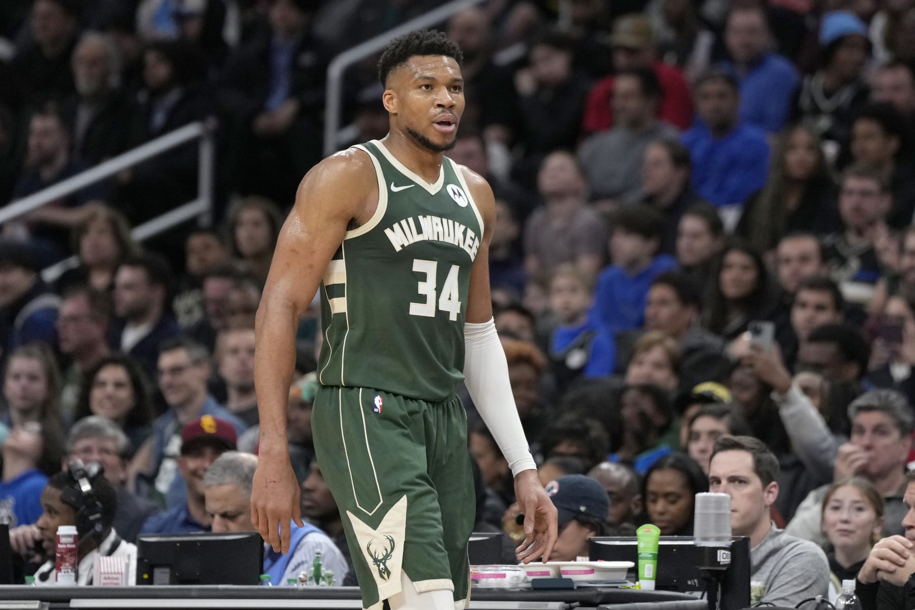 WASHINGTON, DC - APRIL 02: Giannis Antetokounmpo #34 of the Milwaukee Bucks walks to the bench during the first half against the Washington Wizards at Capital One Arena on April 02, 2024 in Washington, DC. NOTE TO USER: User expressly acknowledges and agrees that, by downloading and or using this photograph, User is consenting to the terms and conditions of the Getty Images License Agreement. (Photo by Jess Rapfogel/Getty Images)