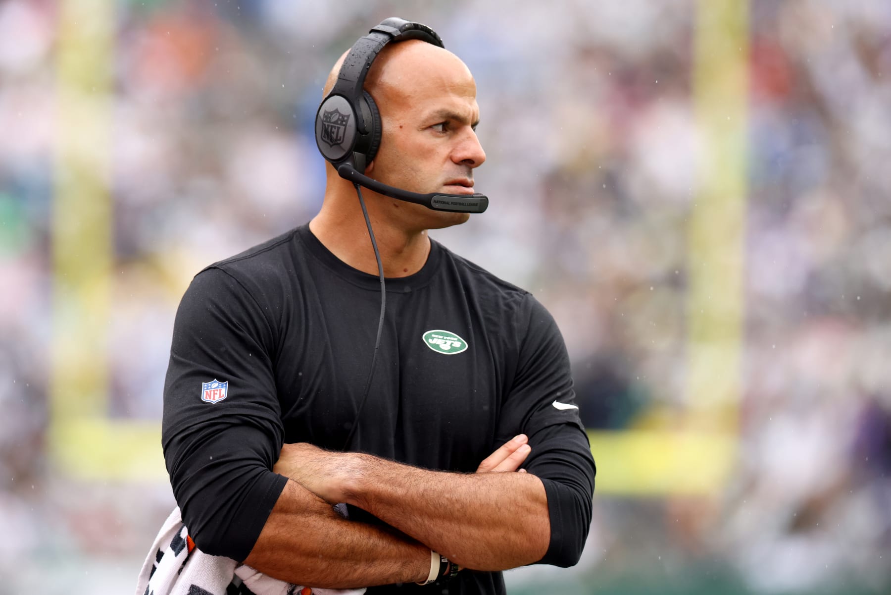 EAST RUTHERFORD, NEW JERSEY - SEPTEMBER 11: Head coach Robert Saleh of the New York Jets looks on during the game against the Baltimore Ravens at MetLife Stadium on September 11, 2022 in East Rutherford, New Jersey. (Photo by Mike Stobe/Getty Images)